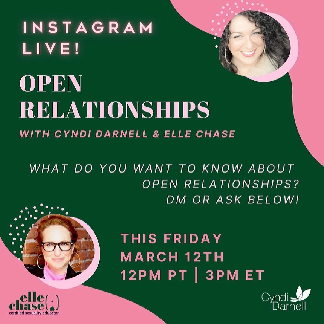 TODAY!
Want to know the difference between an open relationship and being poly? What to know what it takes to open up a relationship successfully?
 Join me and @cyndi_darnell  this Friday when we will answer YOUR QUESTIONS about consensual non-monogamy (CNM)
What do YOU want to know?
DM us your questions!

Friday, March 12th
👉🏻 12pm PT 
👉🏻 3pm ET
👉🏻 8pm GMT
👉🏻 Sat. 3/13 at 7am AEDT

#sexed #pleasure #sexeducators #health #lgbtq #lgbtqia #sexeducation #openrelationships #sexeducator  #sexualhealth #humansexuality #nonmonogamy #lovelife #cyndidarnell #ellechase #iglivestream #relationships #relationshipgoals #virtualevents #cnm #communication #poly #polyamorous #lovelife #love #throuple