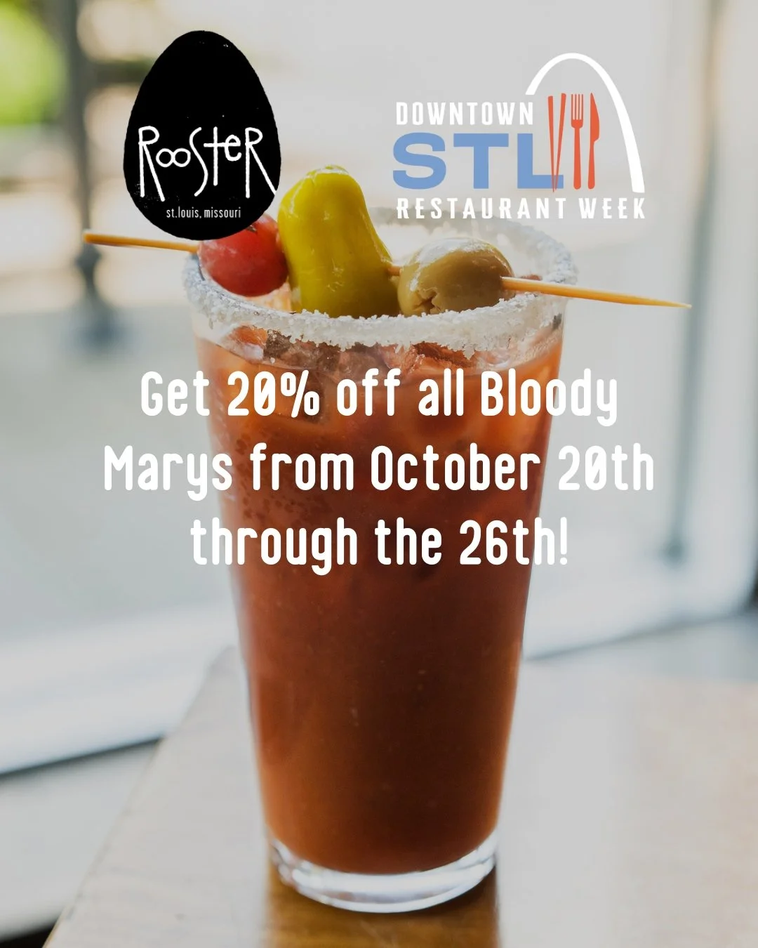 🎉 Downtown Restaurant Week just got better! Enjoy 20% off Bloody Marys from October 20th&ndash;26th. Pair it with your go-to brunch spread and soak up the festive downtown vibes. Don&rsquo;t miss the fun, come out &amp; support your favorite local s