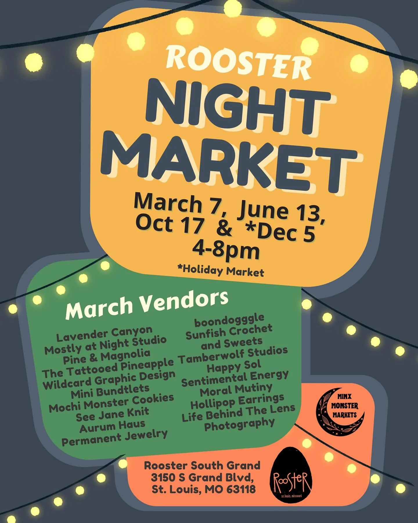 We&rsquo;re just a few days away from our first Rooster Night Market with @minx.monster.markets! Be sure to stop by our @southgrandstl location this Saturday, March 7, from 4-8pm and check out all the amazing creators! 
All of the vendors will be set