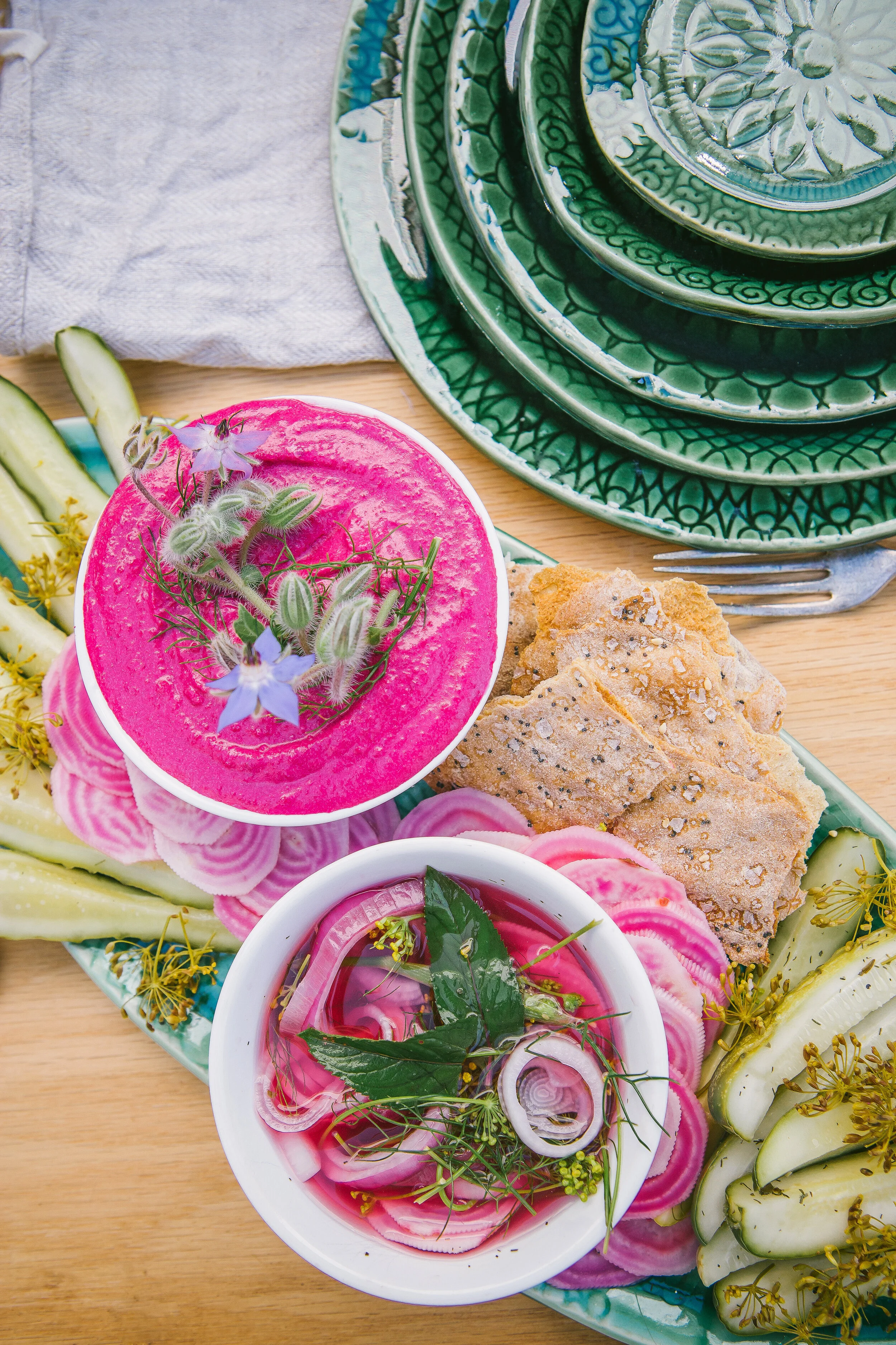 Get Dippy with Farmer + Baker's beet and goat cheese dip and cracker recipes