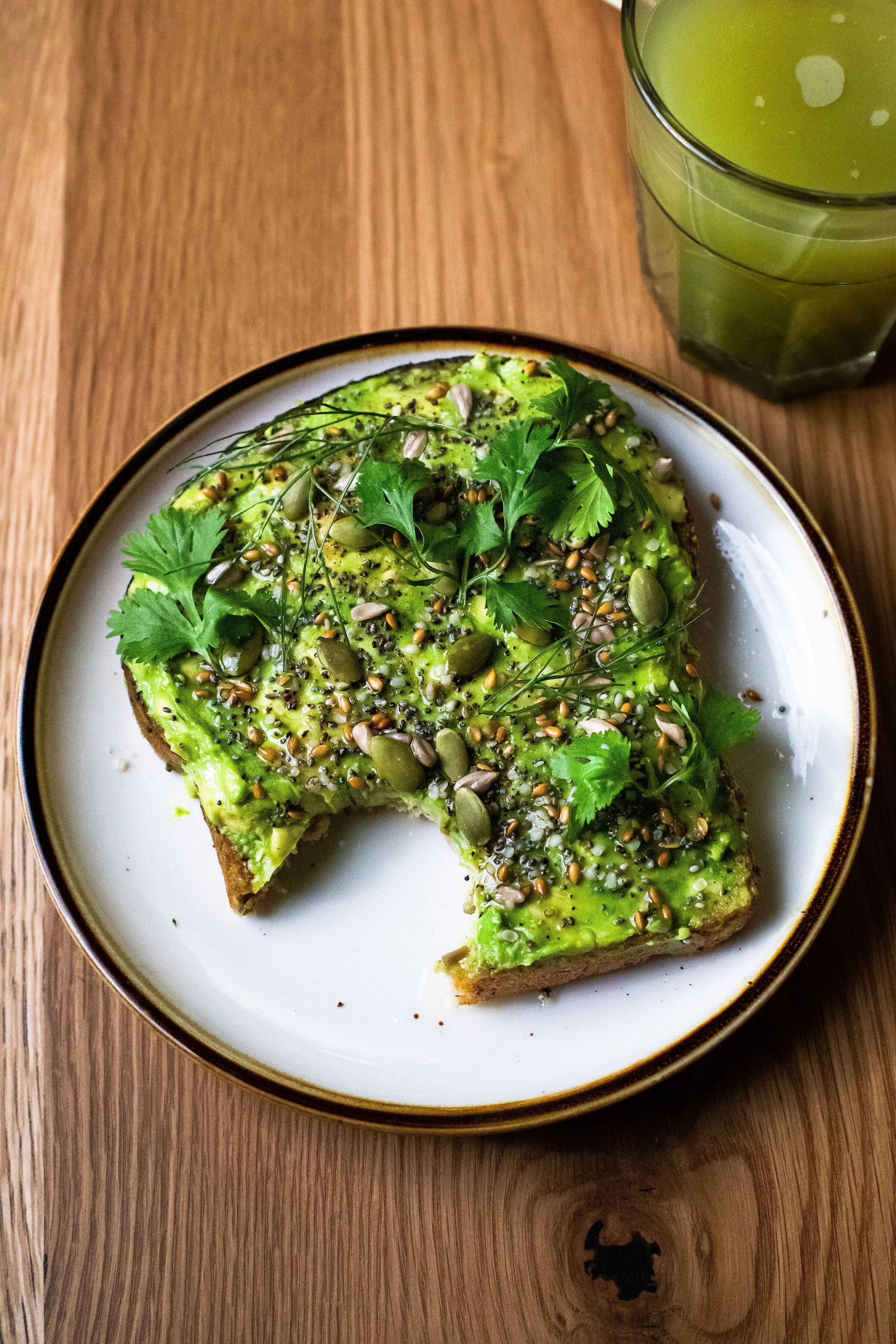 The Speckled Egg’s Avocado Toast: you can stay green and healthy with a fresh juice, or you can sip “grown up juice” with it, too.