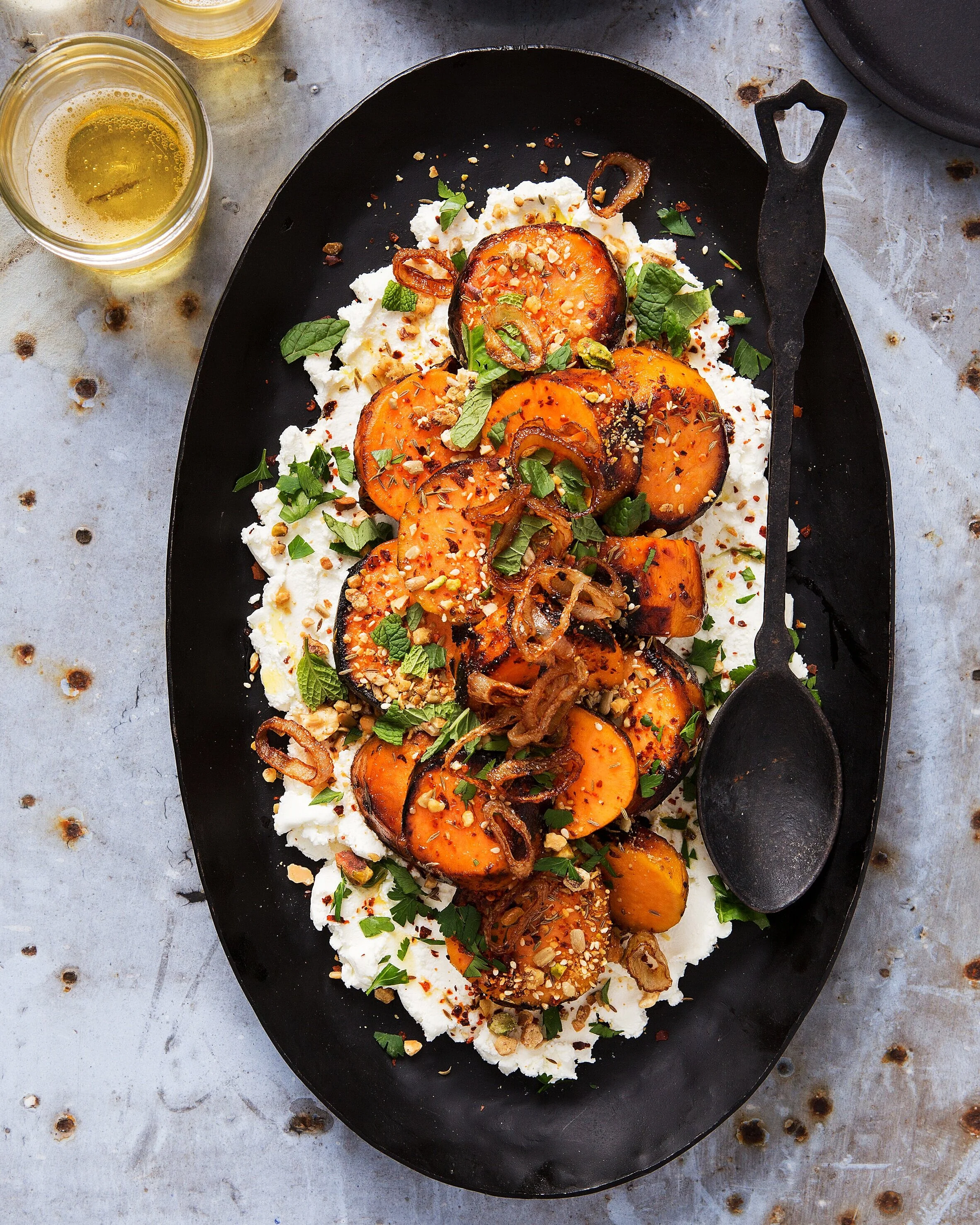 Charred Sweet Potatoes with Dukkah, Goat Cheese & Herbs