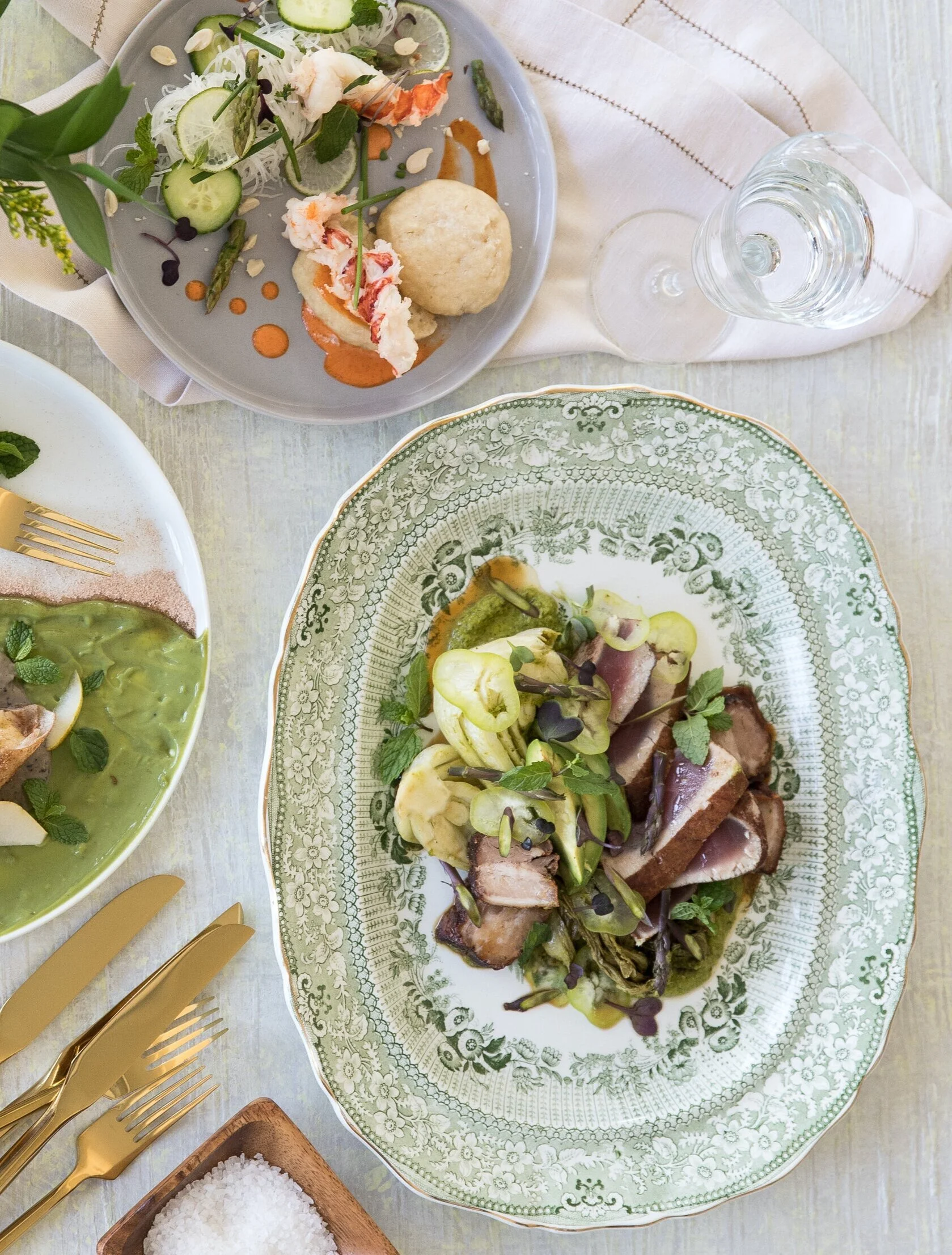Pan-Seared Ahi Tuna with Braised Pork Belly and Avocado