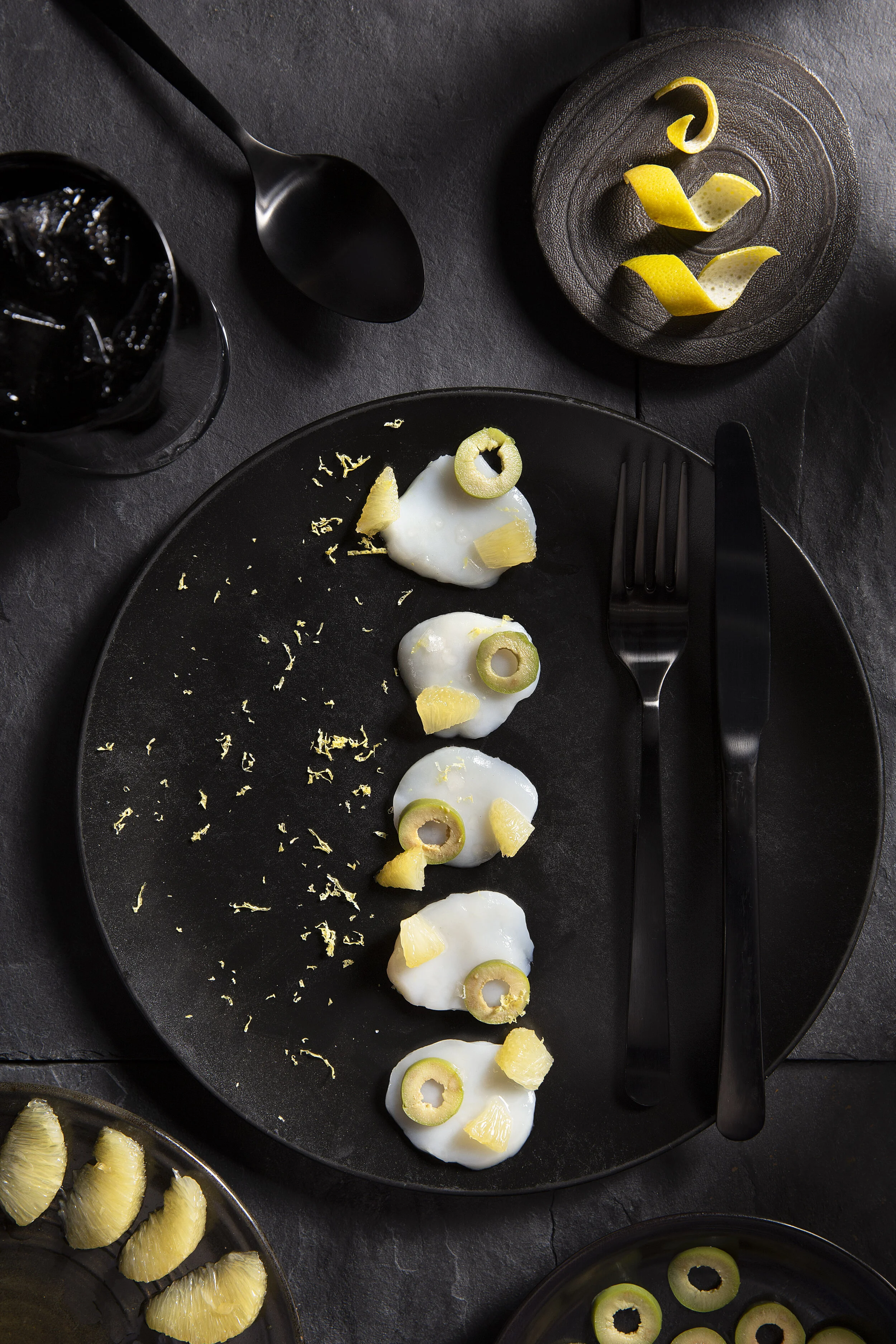 Scallop, Bergamot, Tarragon, Green Olive, Extra Virgin Olive Oil