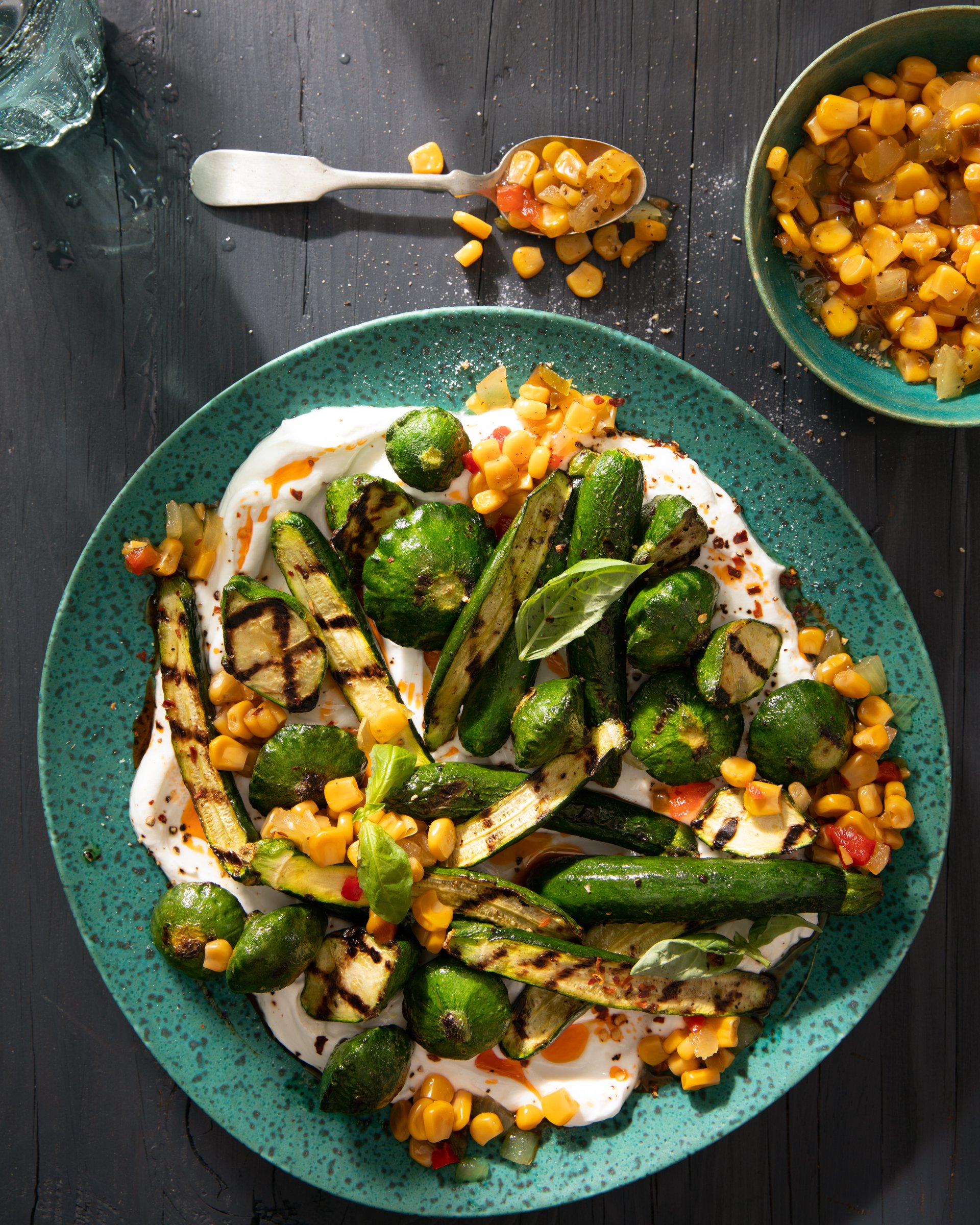 Grilled Zucchini with Tahini Yogurt Sauce and Corn Relish