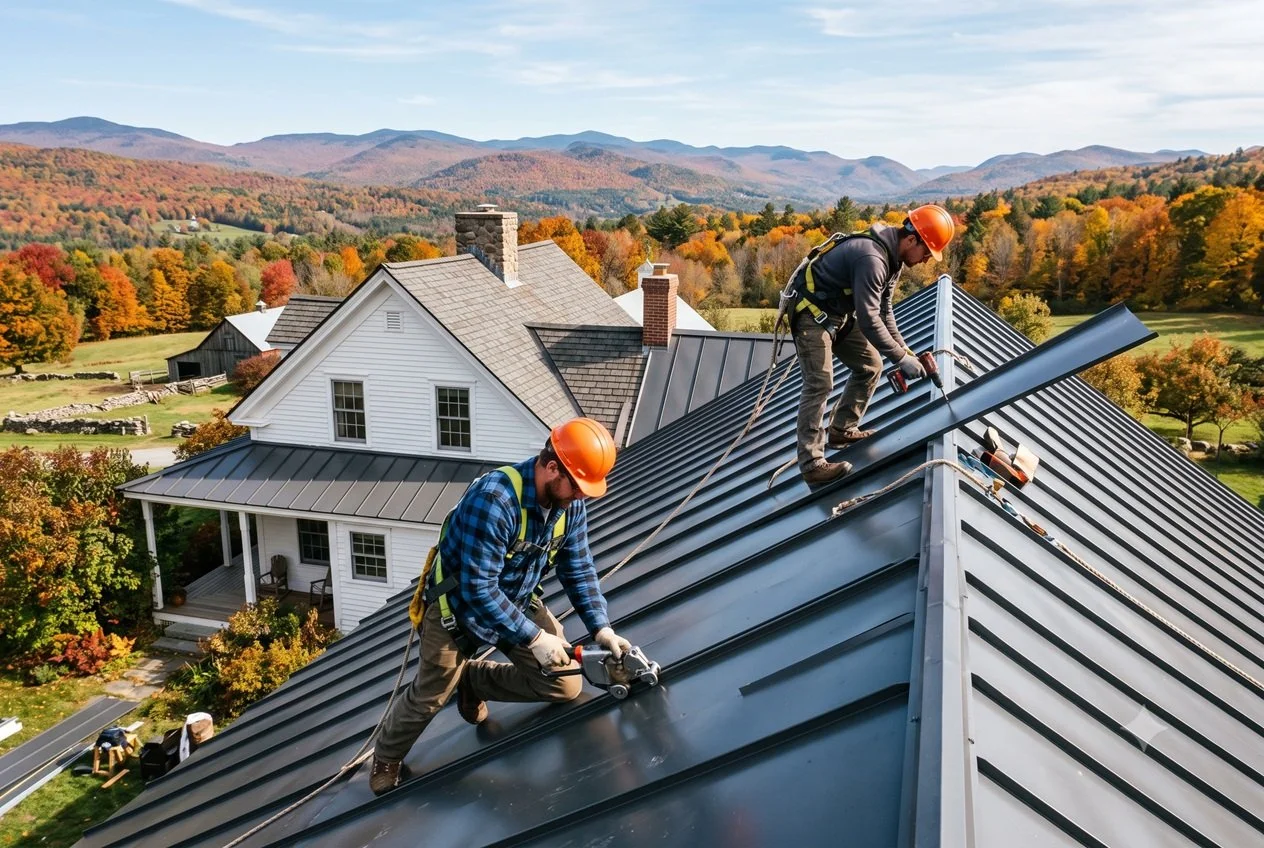roofing contractors in new england installing metal roof - workers comp insured by pearson wallace