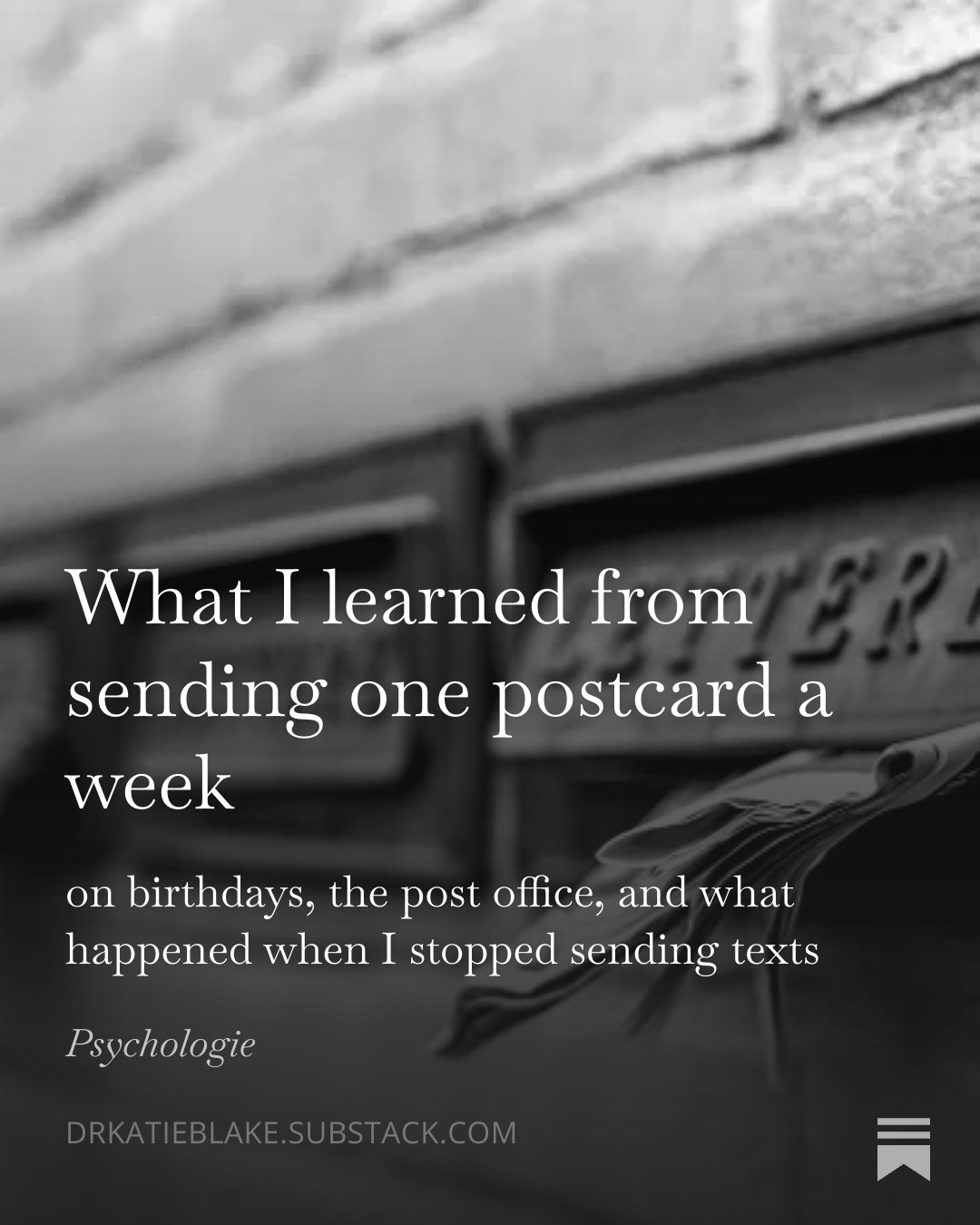 Close-up of a post box, with overlaid text about staying in touch via sending postcards, along with a URL at the bottom.