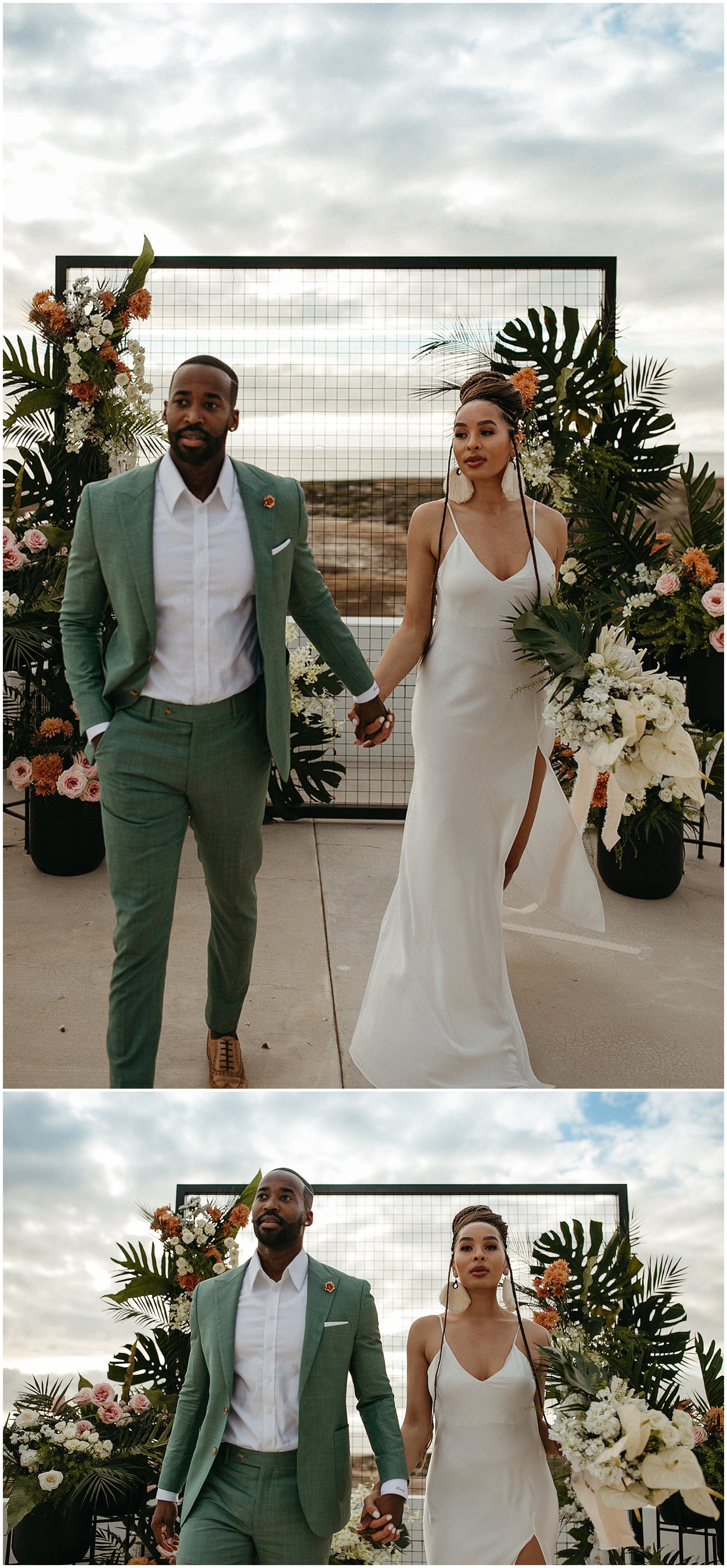 bride and groom posing for editorial photo