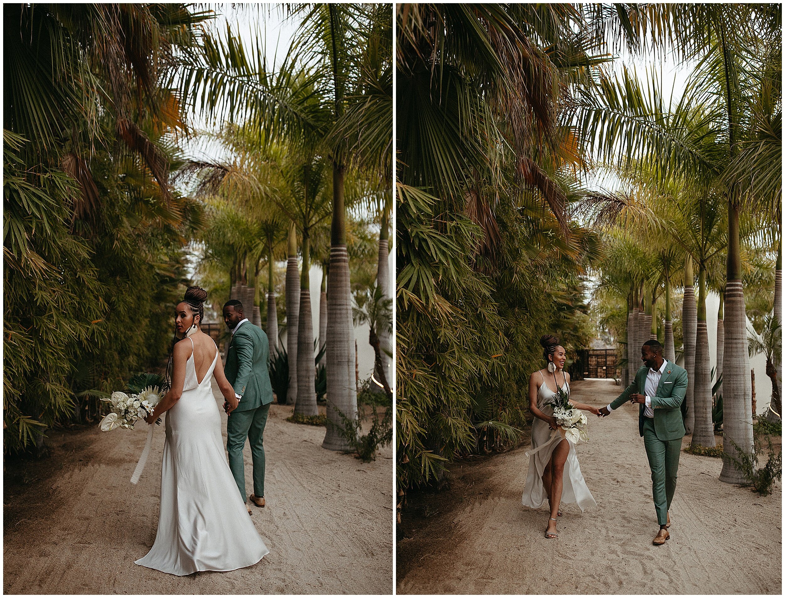 bride and groom walking through palm trees