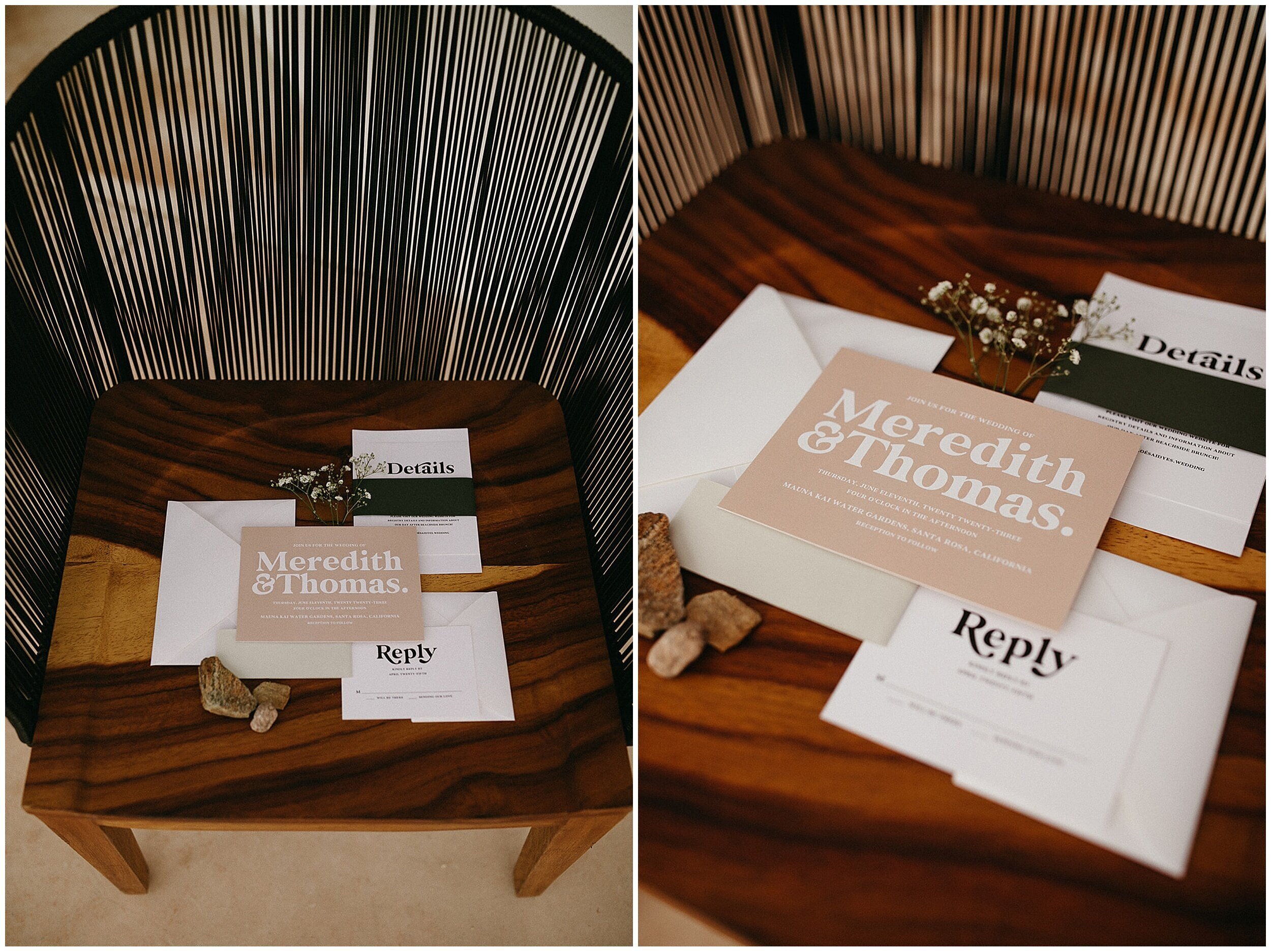 beige wedding invitations lying on chair