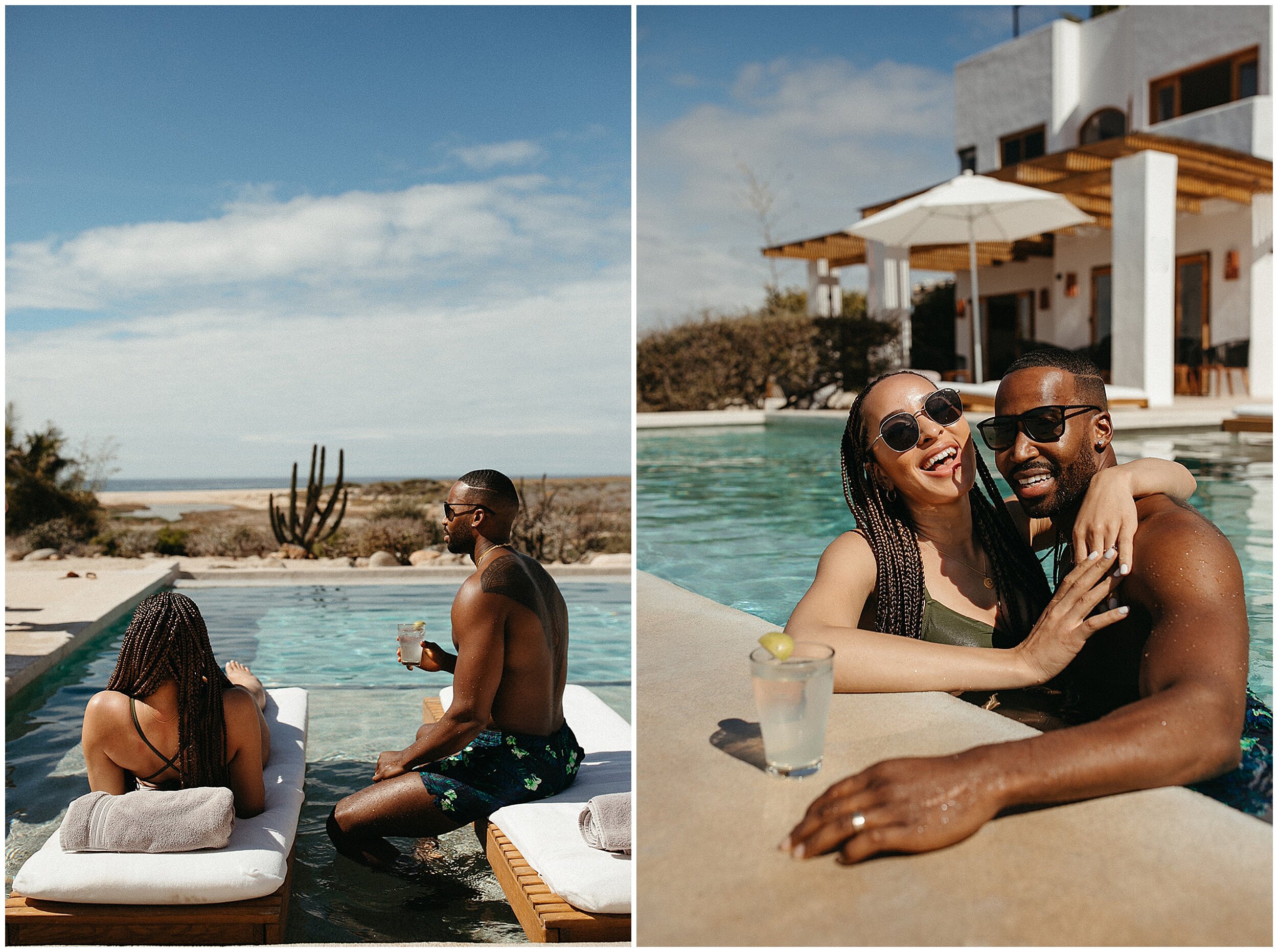 couple lounging by pool and smiling