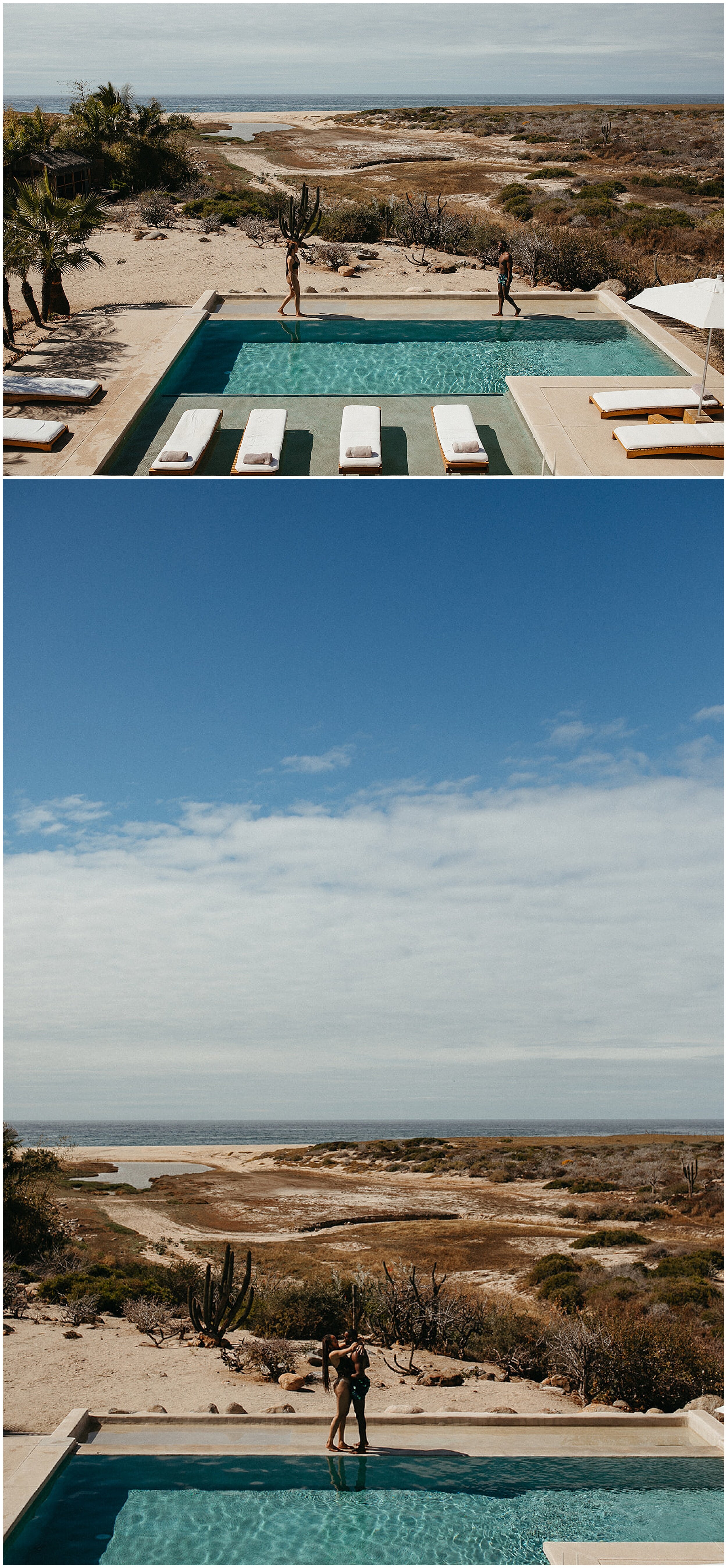 couple kissing by pool