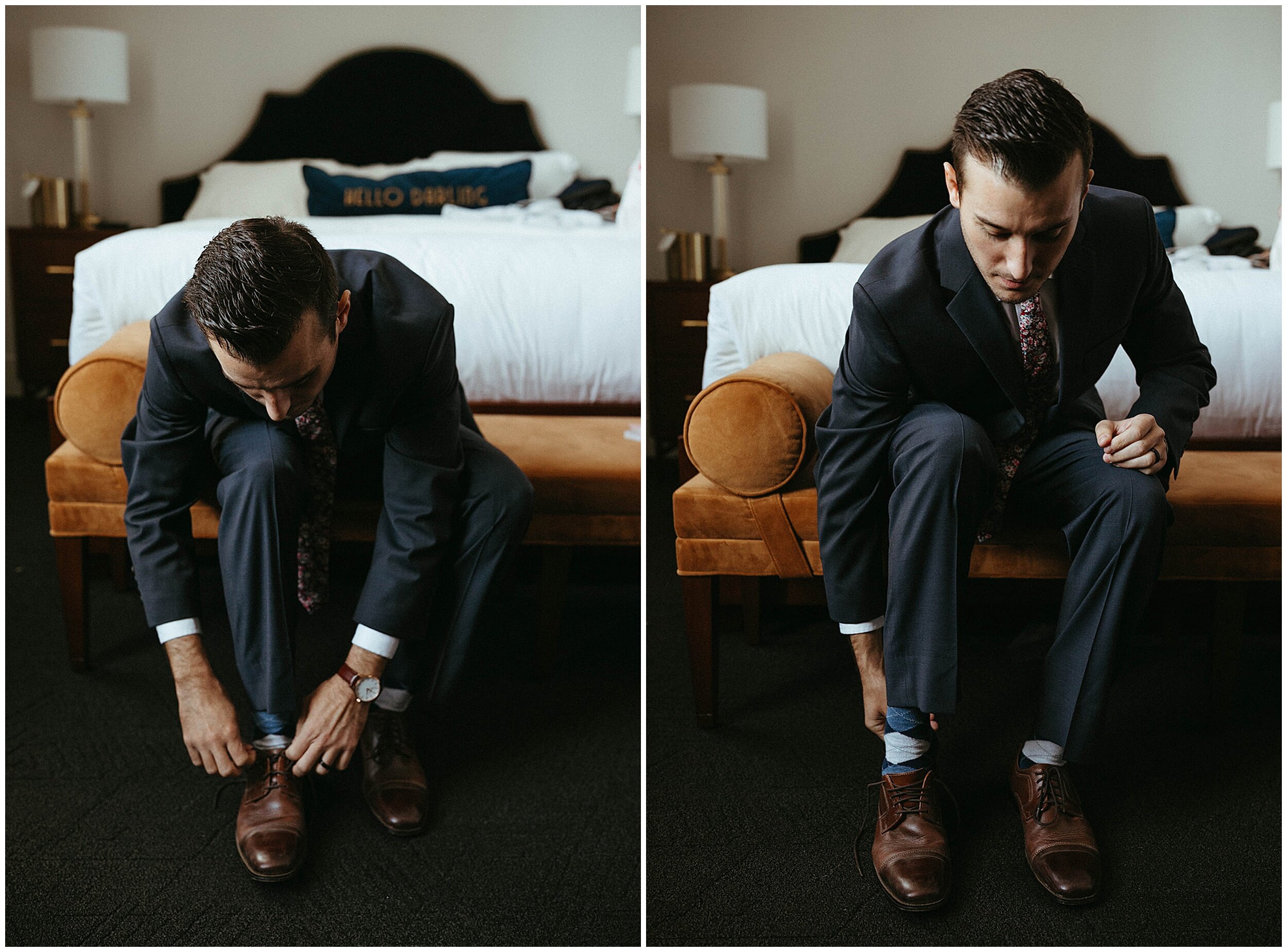 groom putting on wedding shoes