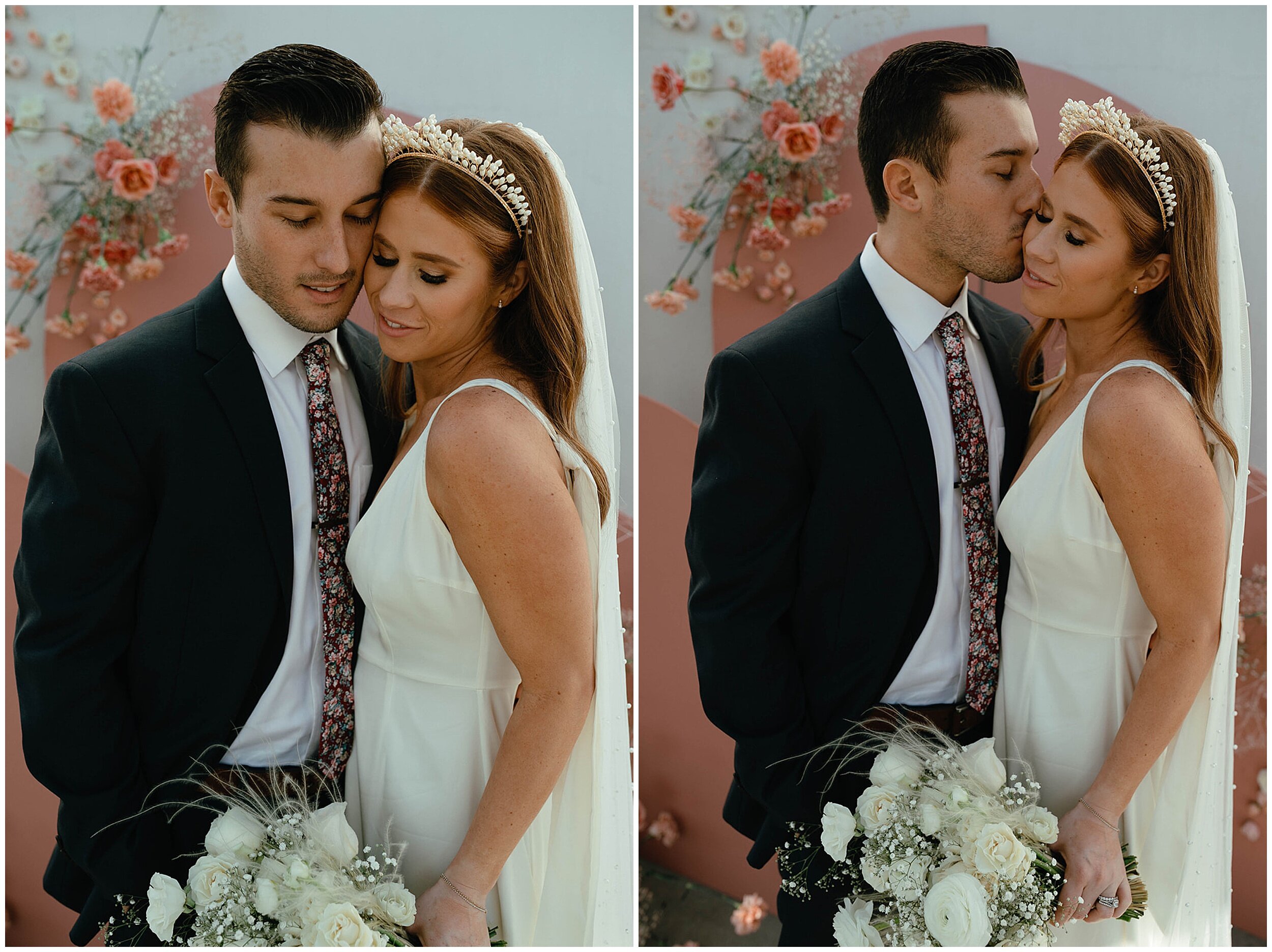 bride and groom holding bouquet