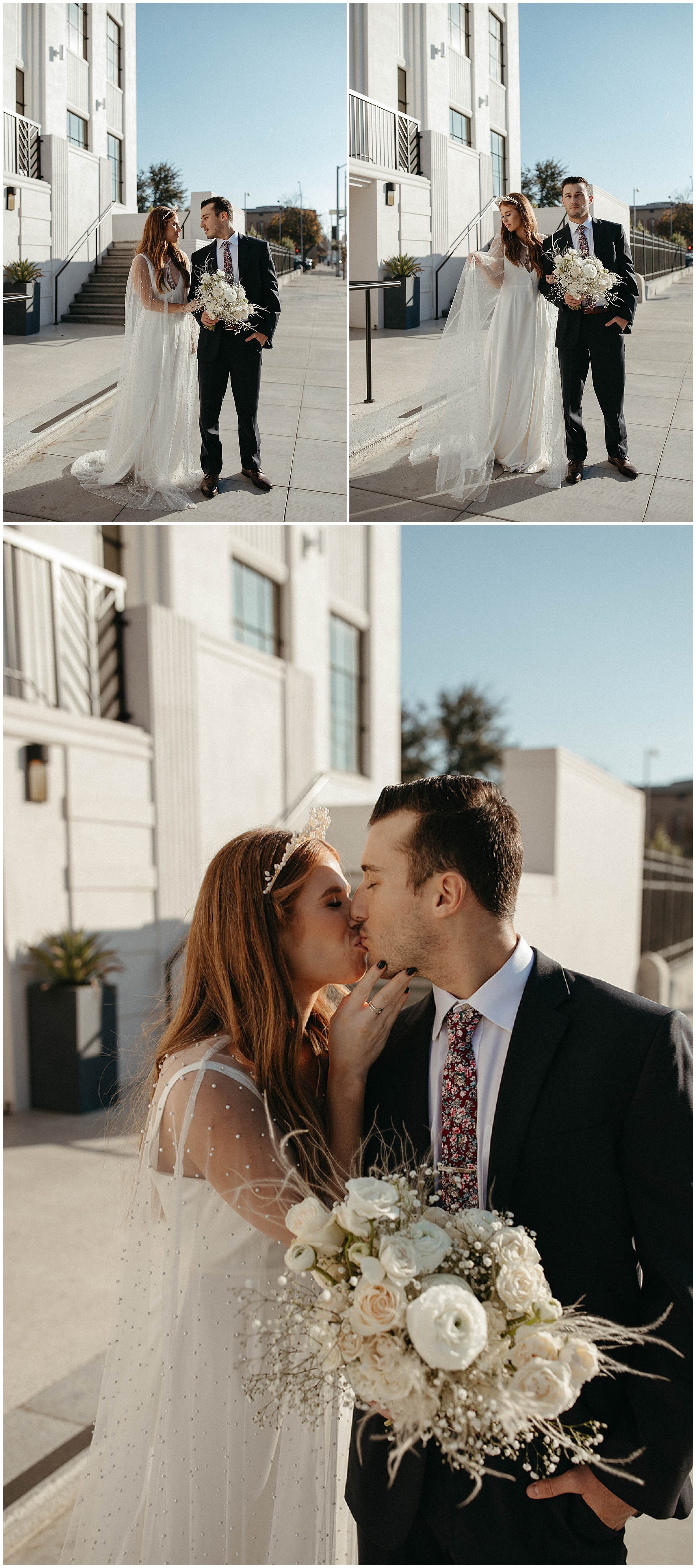 bride and groom smiling and kissing