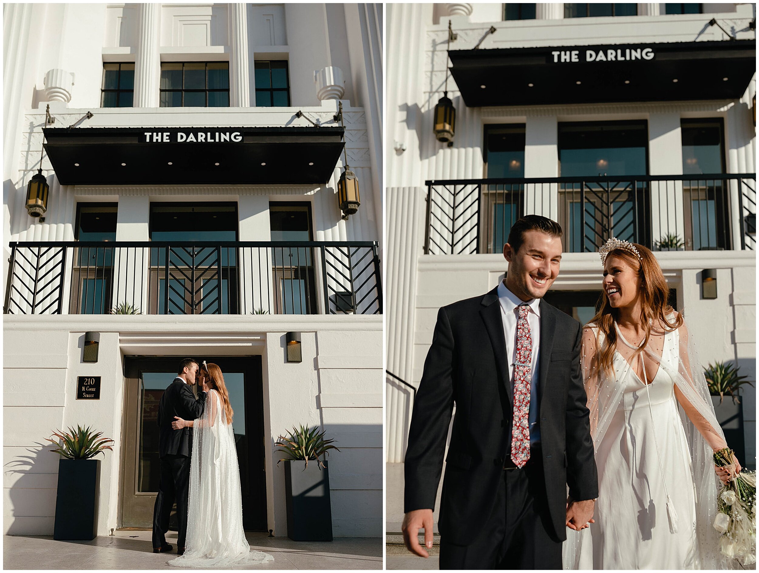 bride and groom standing on street and laughing