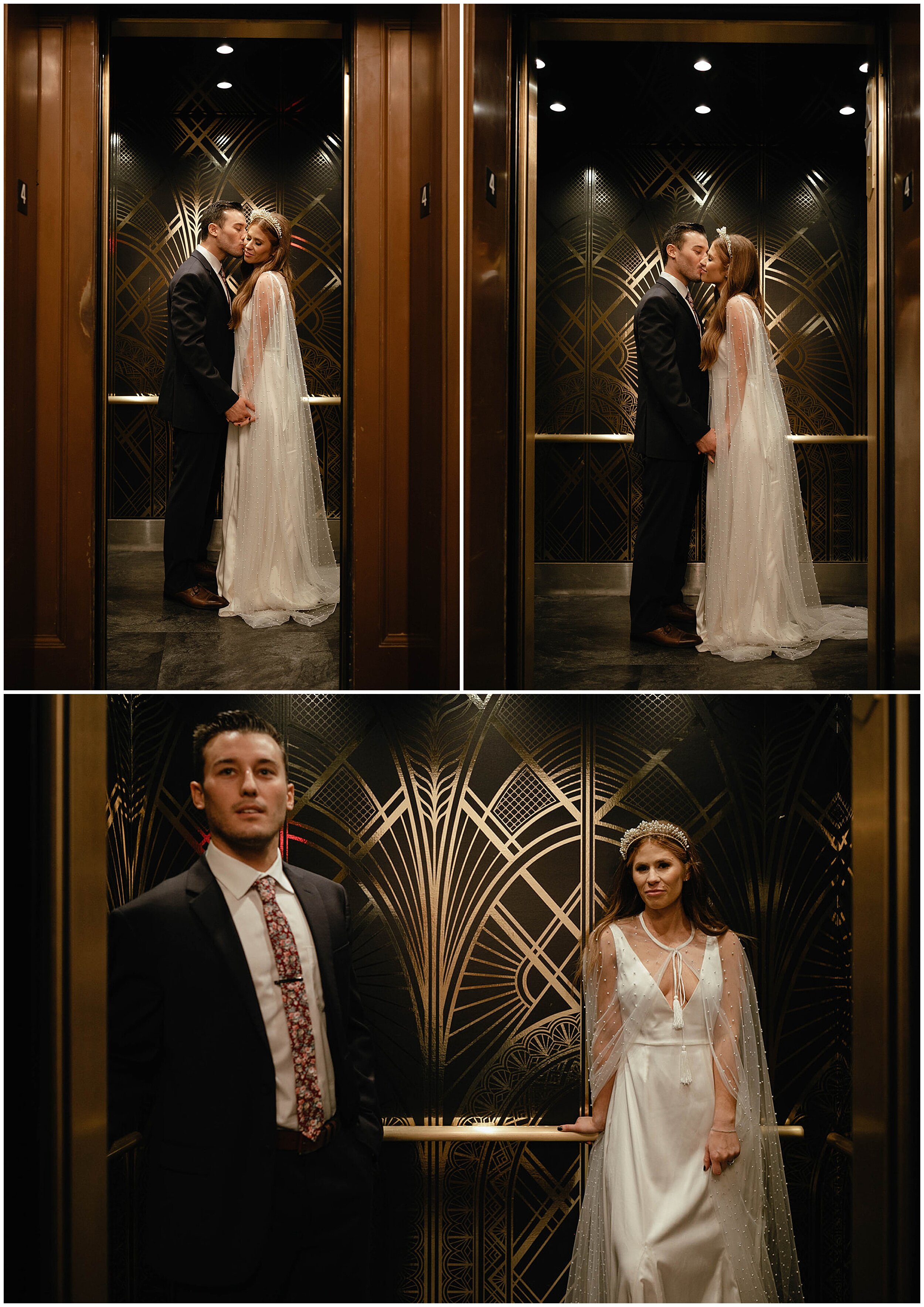 bride and groom kissing in elevator