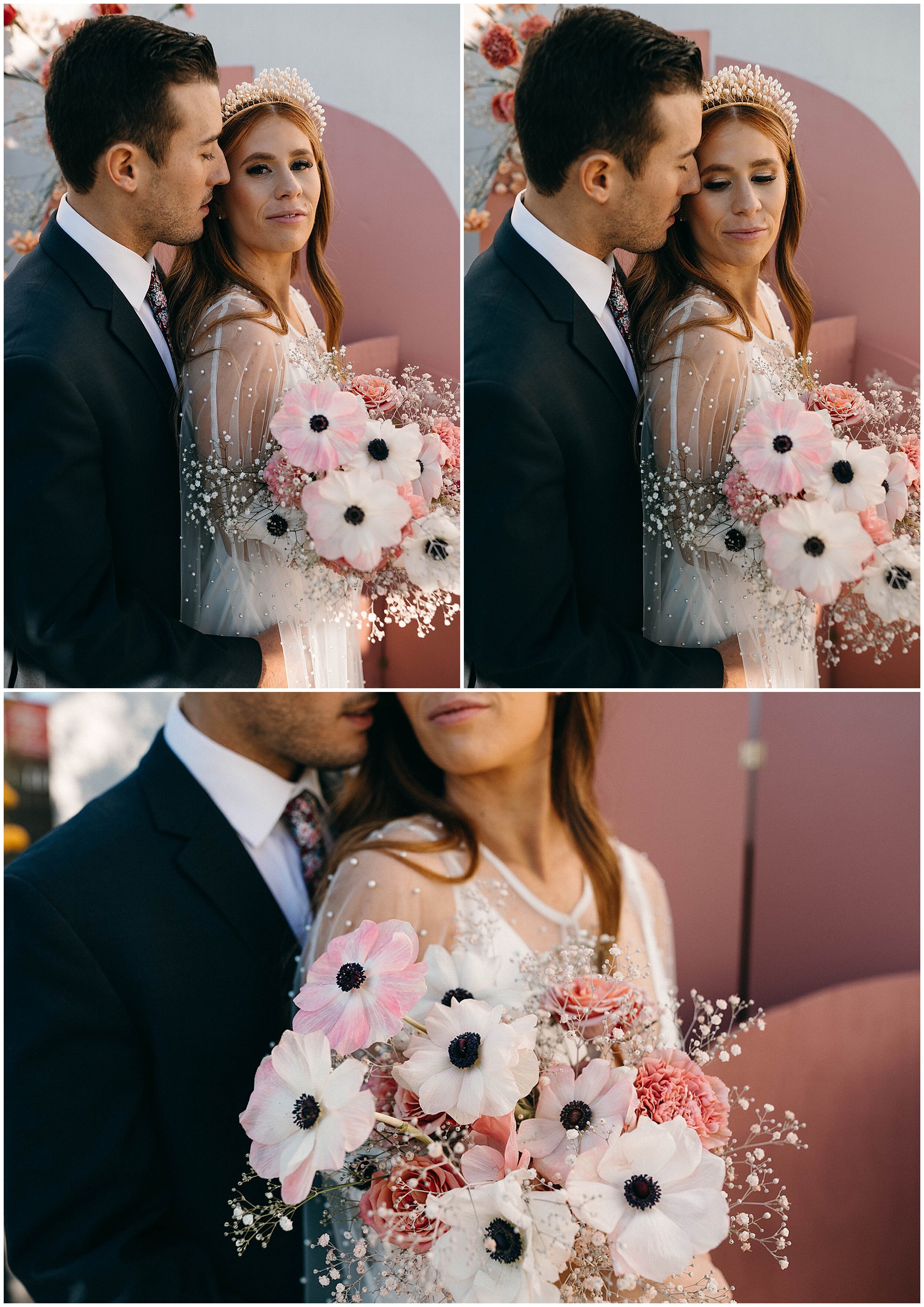 bride and groom holding pink wedding bouquet