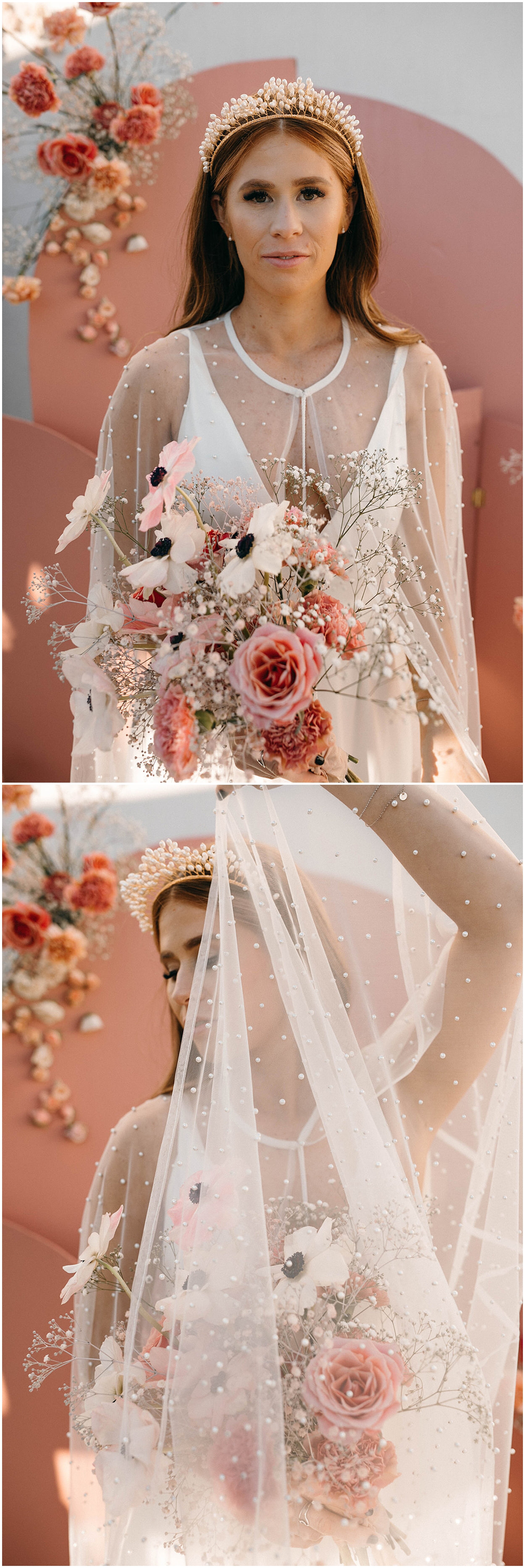 bride holding pink wedding bouquet