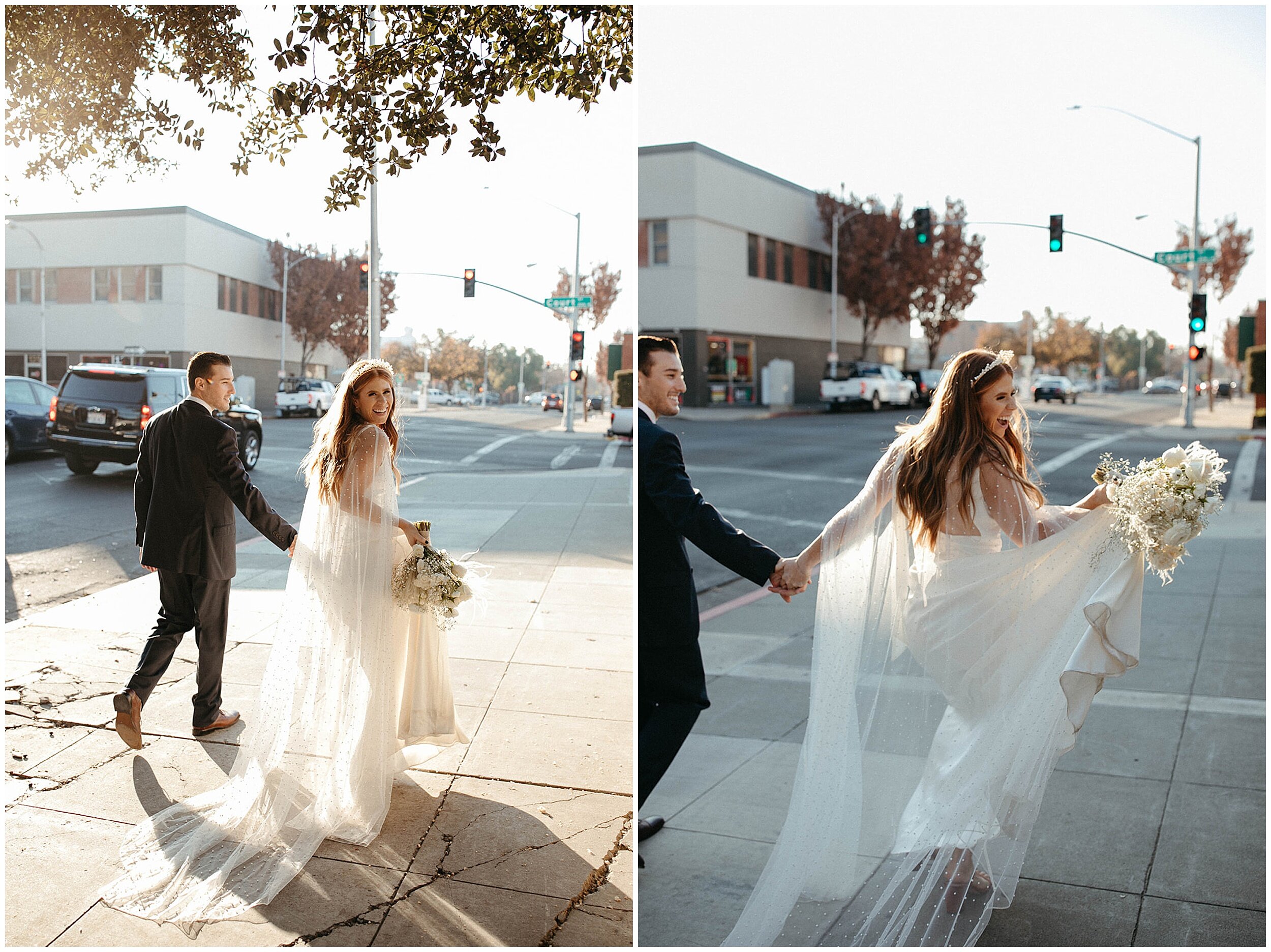 bride and groom walking on street