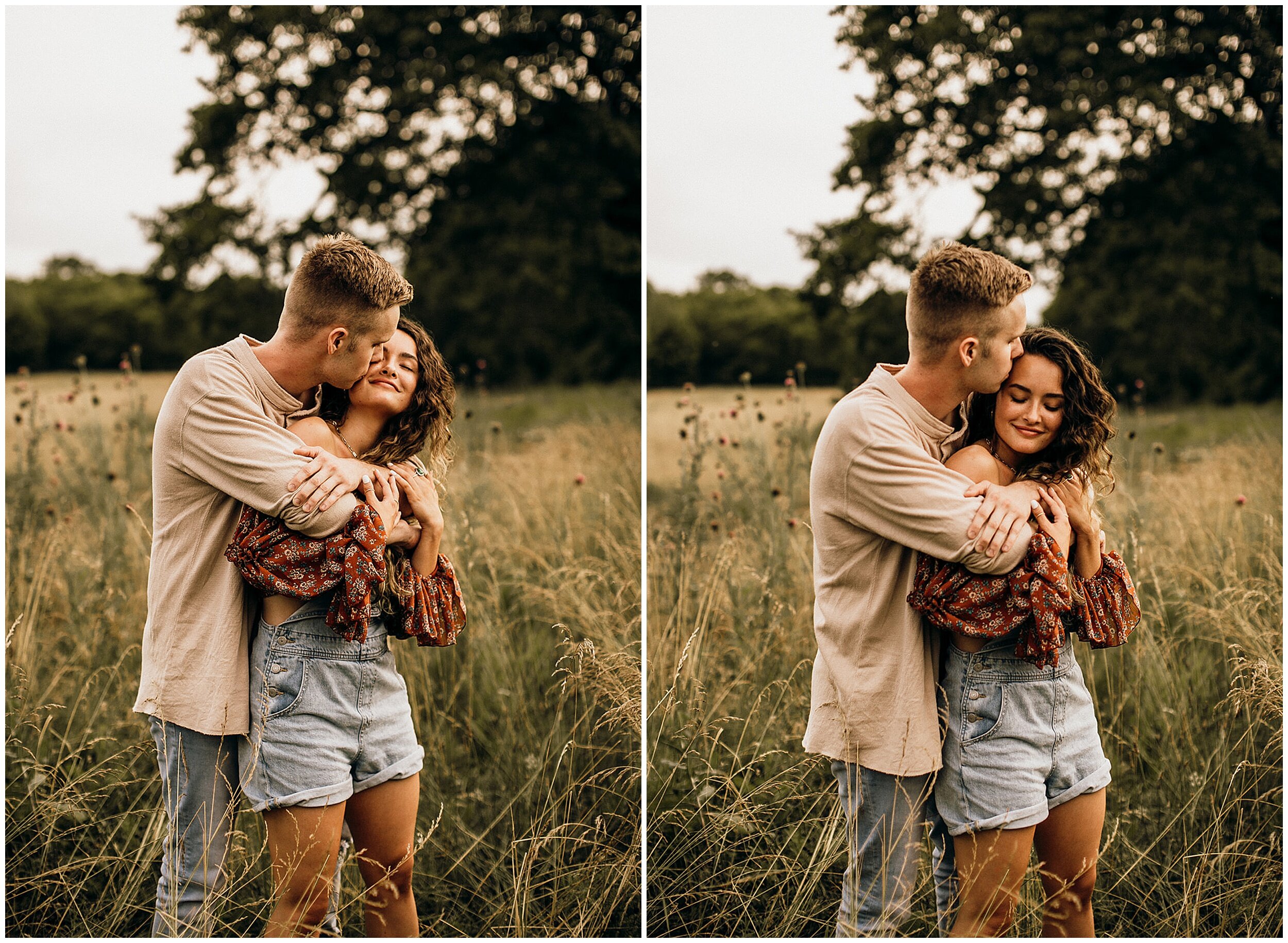 couple hugging in field