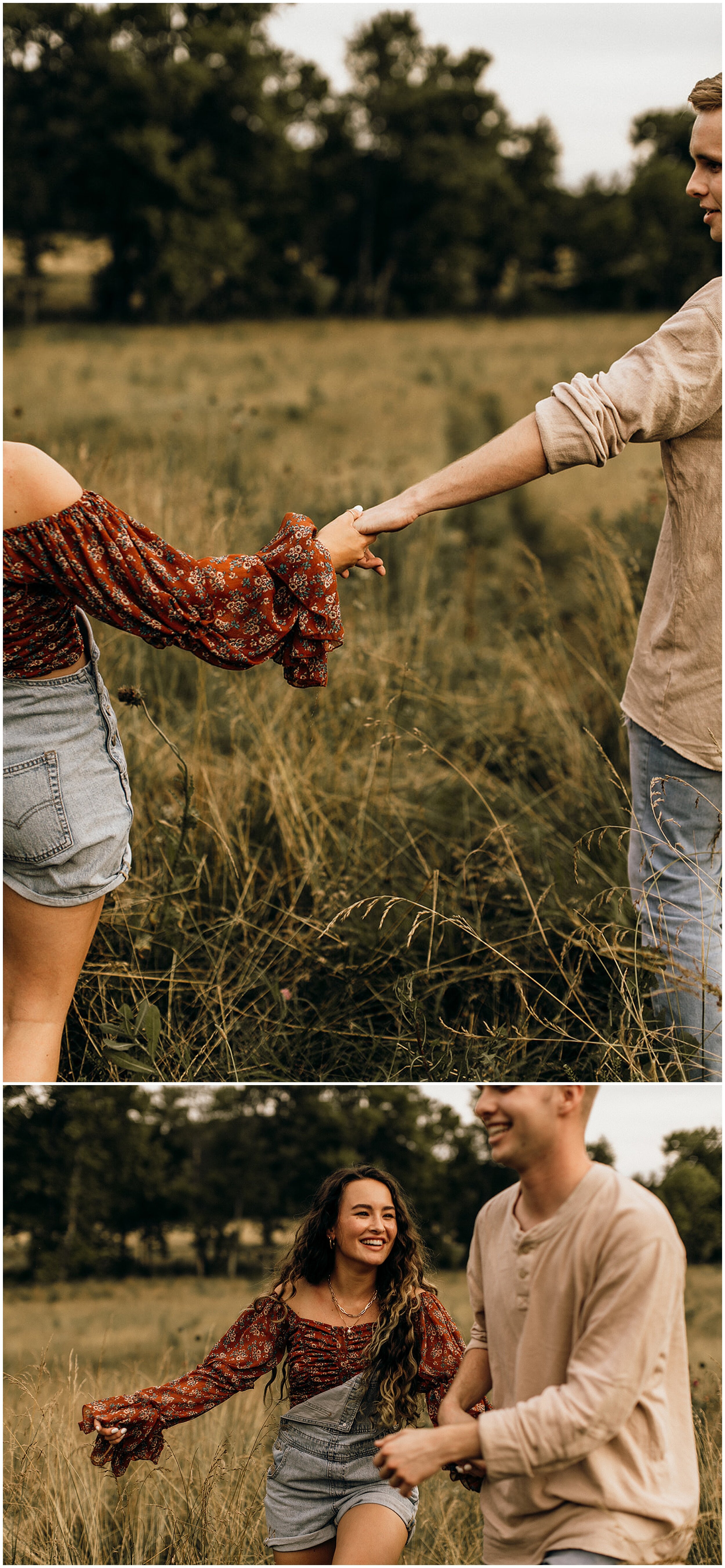 couple holding hands walking through field