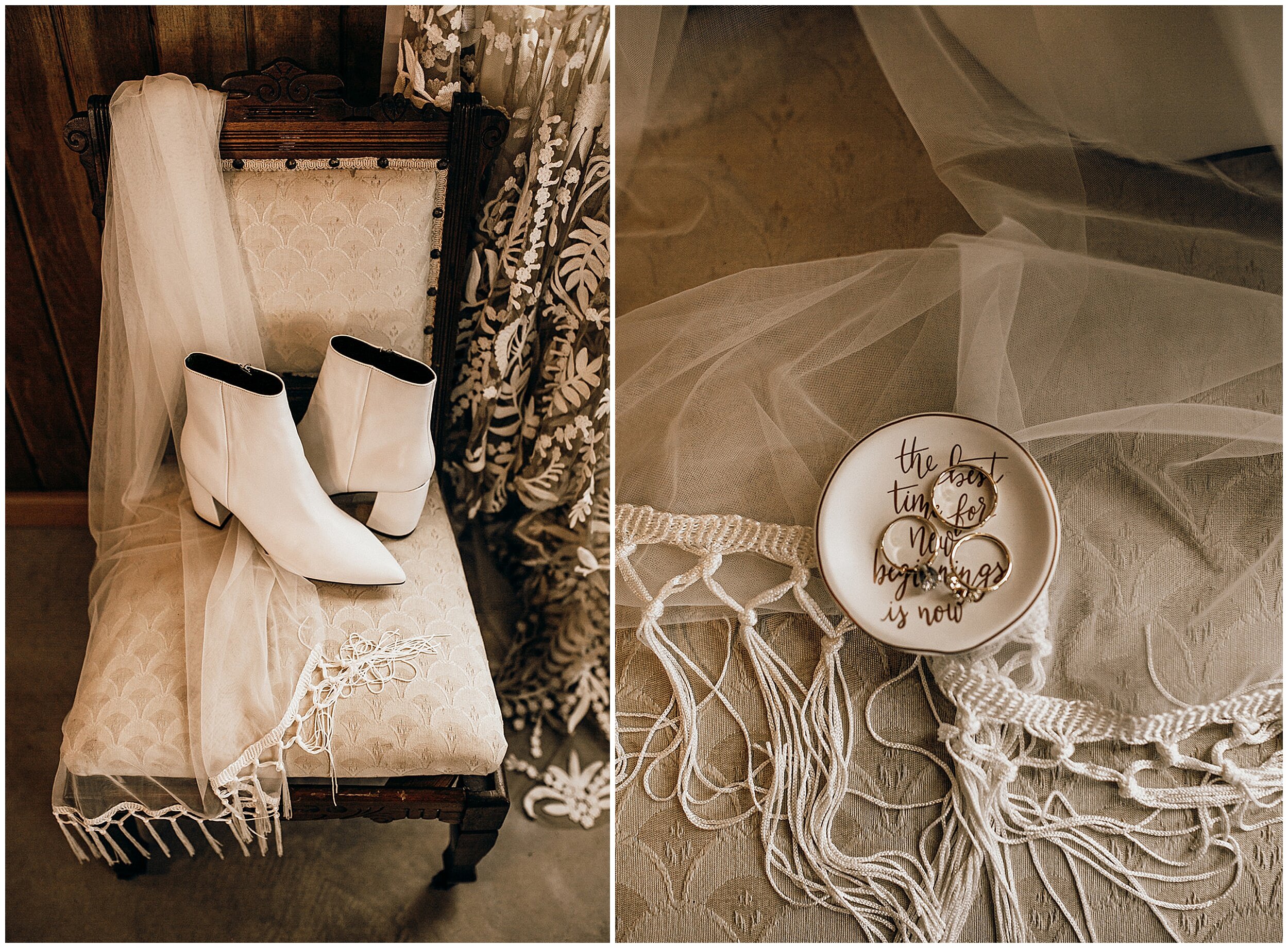 bridal boots and veil on chair