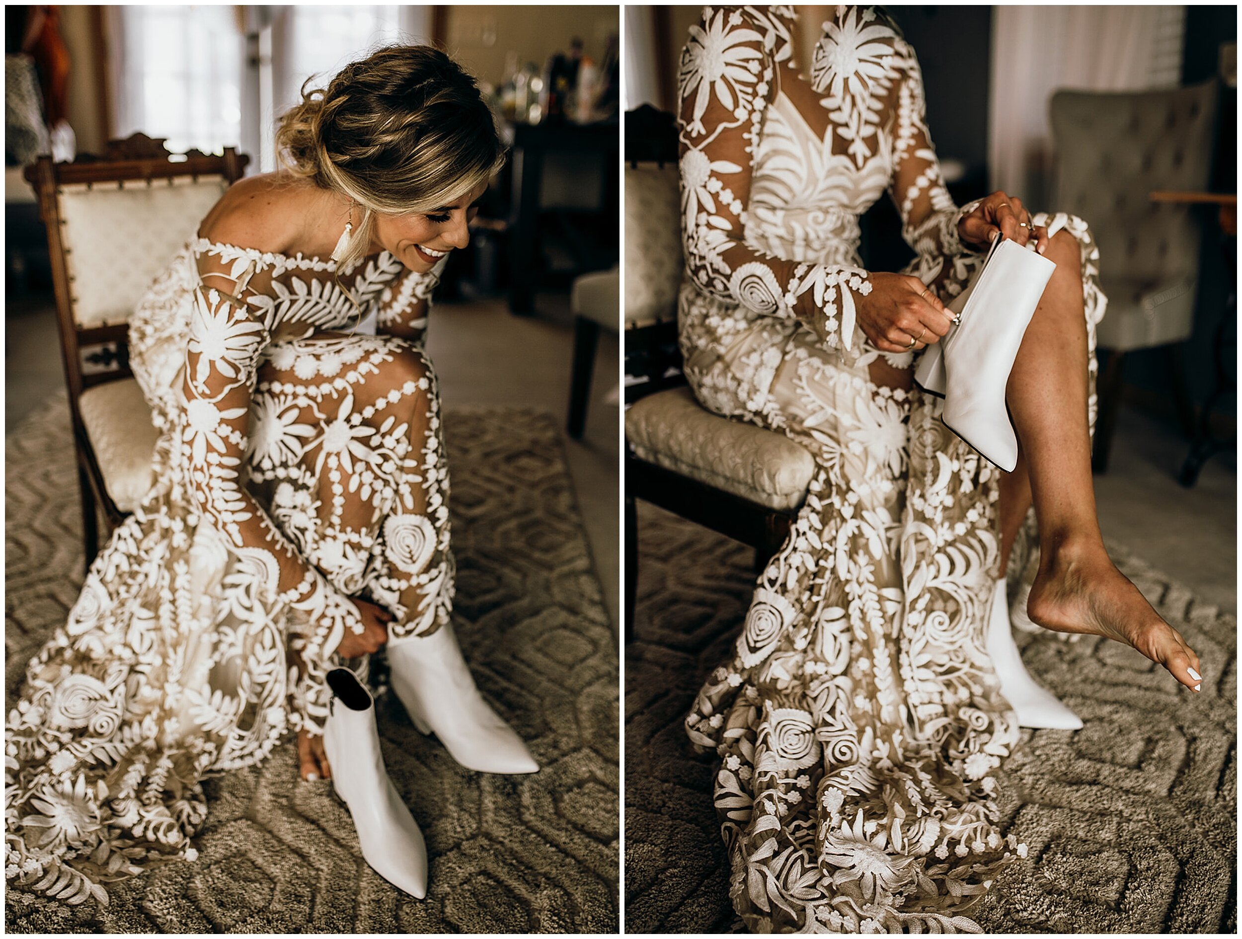 bride putting white boots on