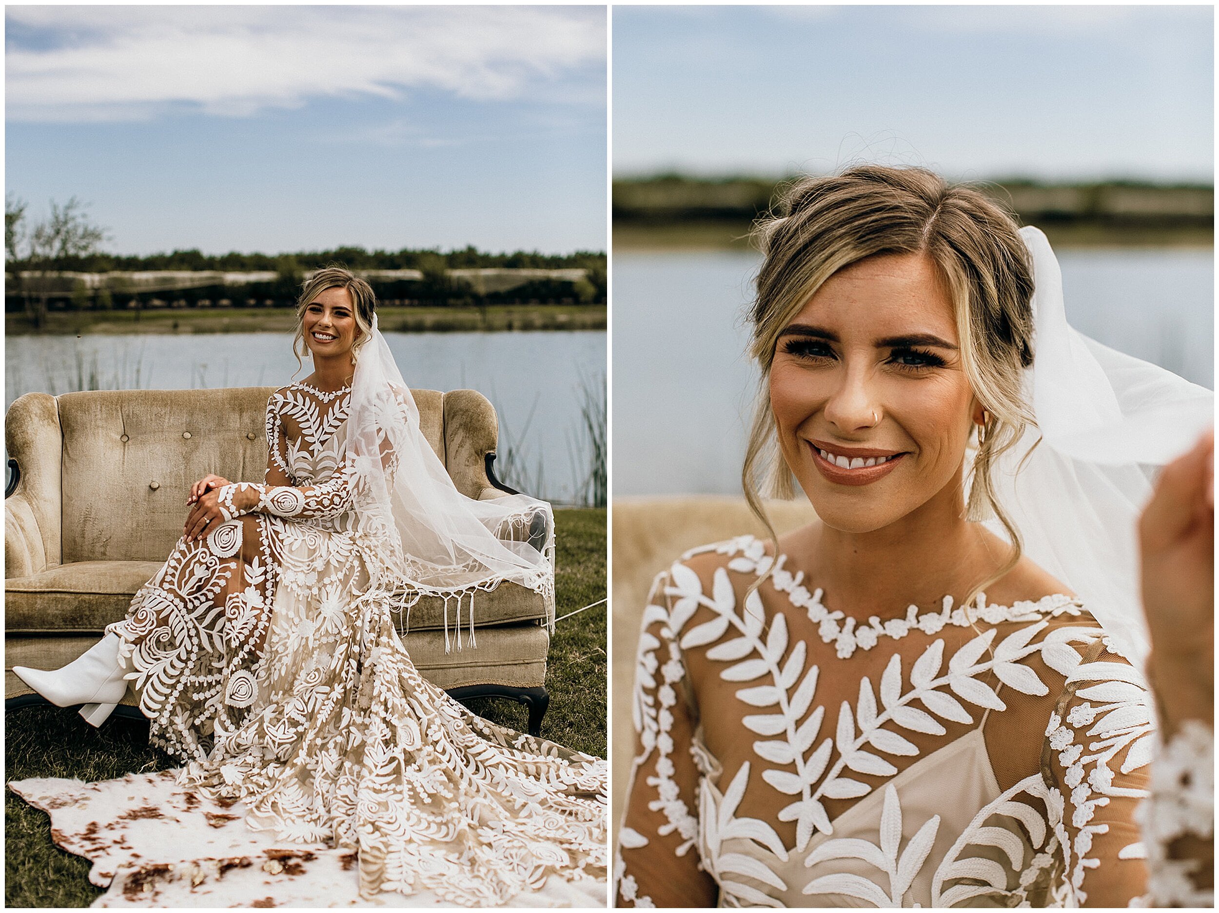 bride sitting on couch and smiling