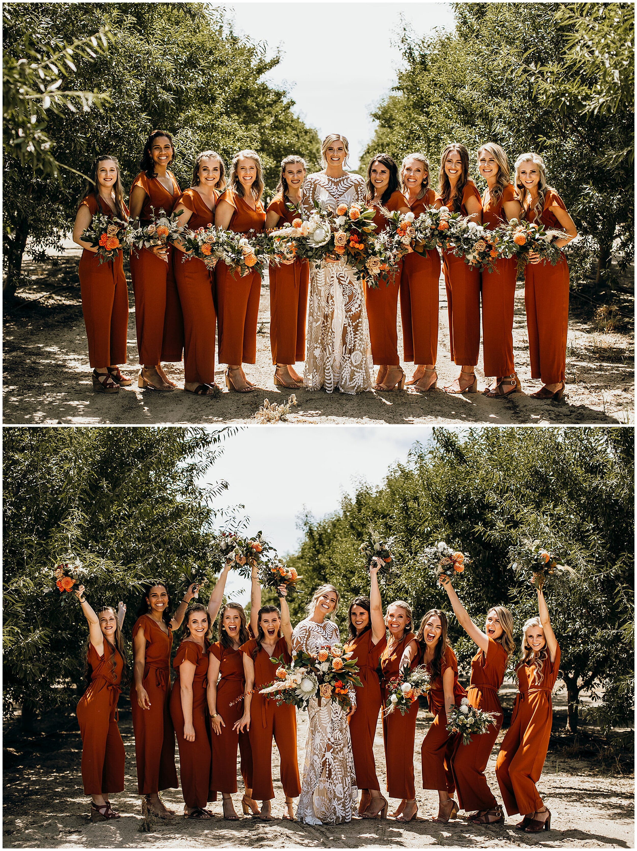 bride walking and laughing with bridesmaids