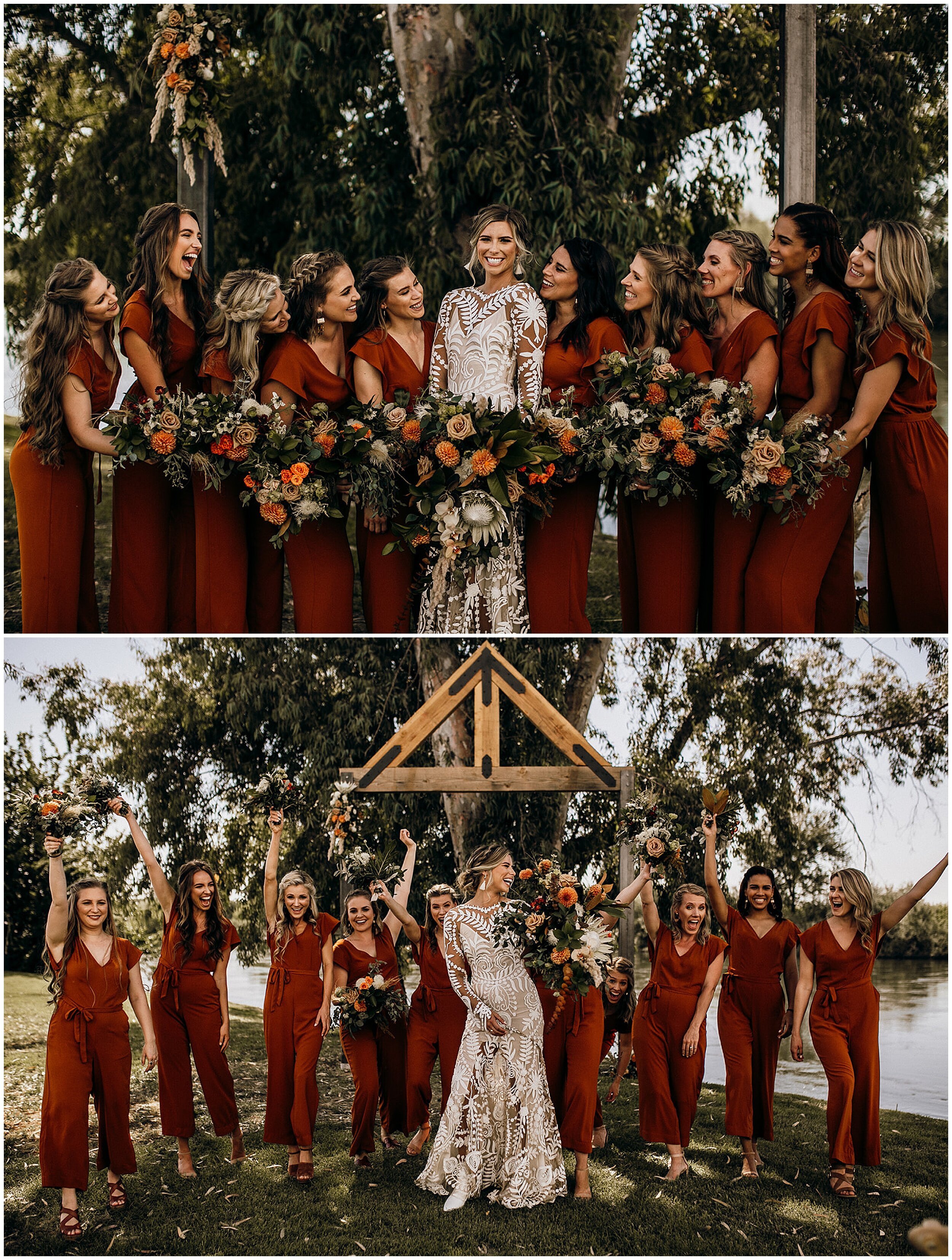 bridesmaids in orange jumpsuits