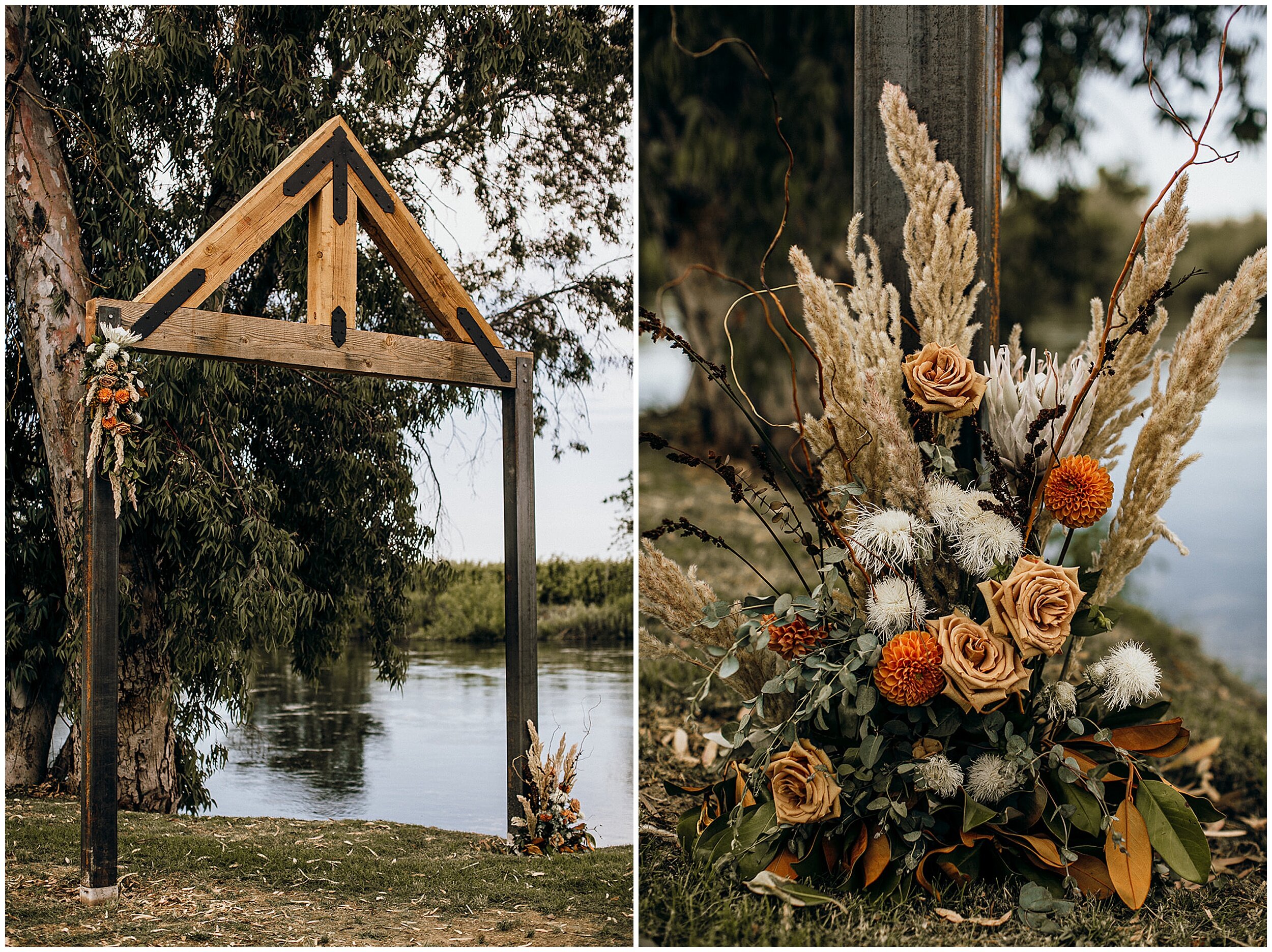 boho wedding arbor with orange flowers