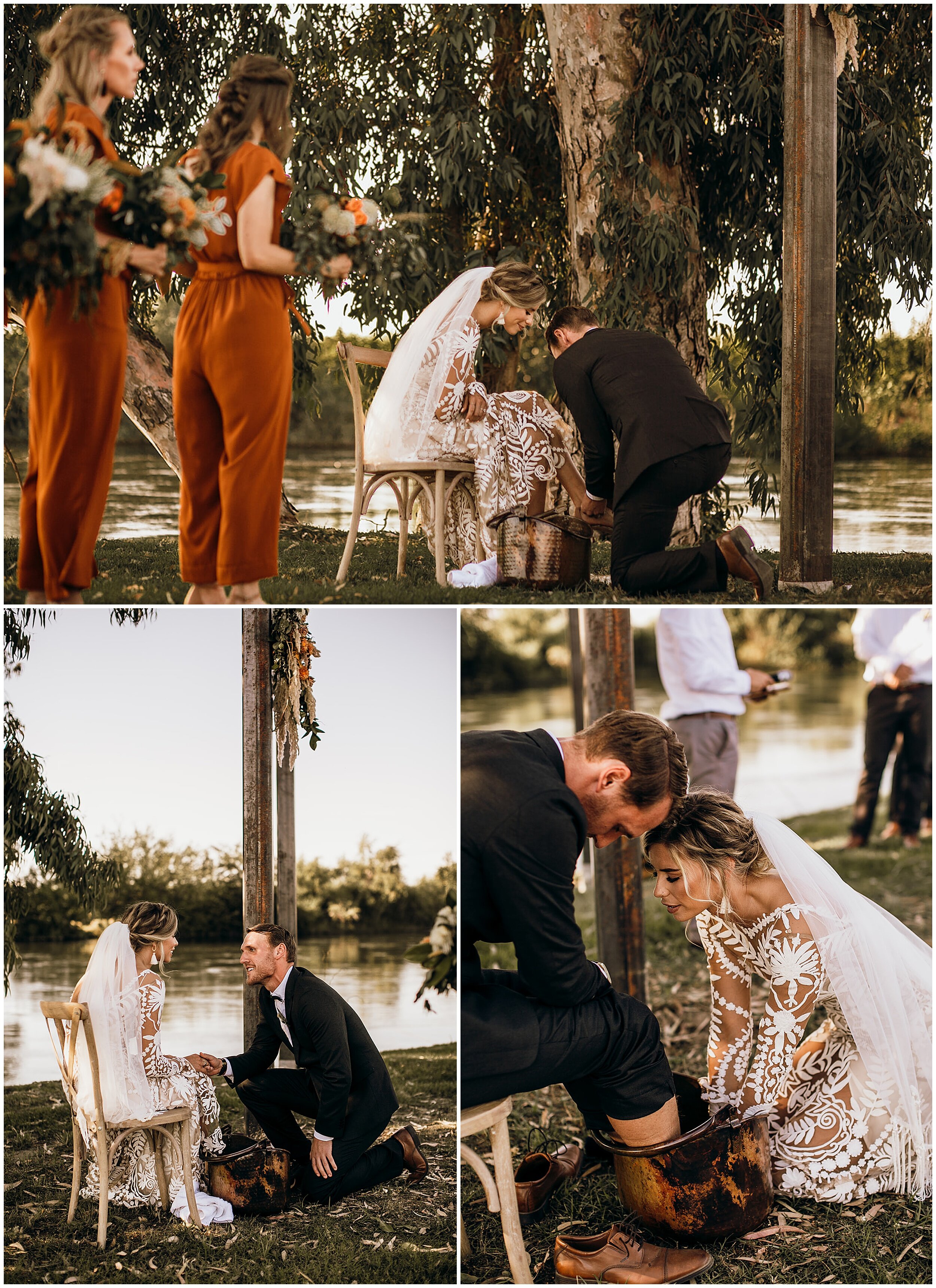 bride and groom washing feet during ceremony