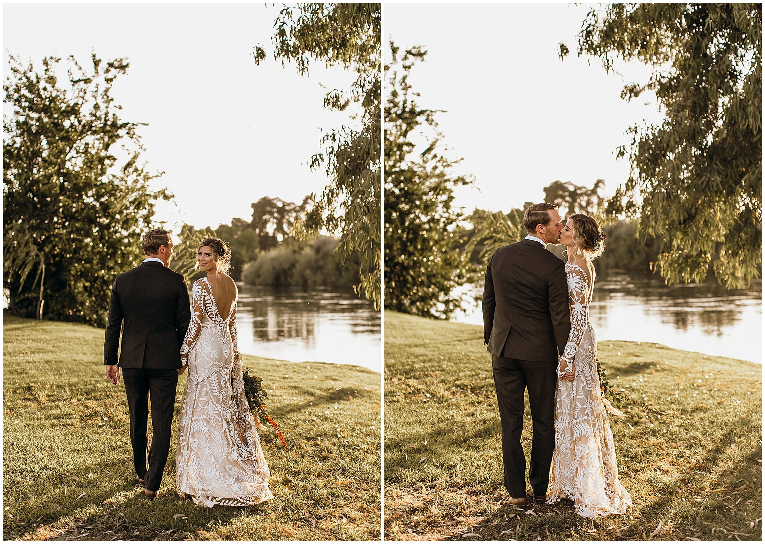 bride and groom walking in park