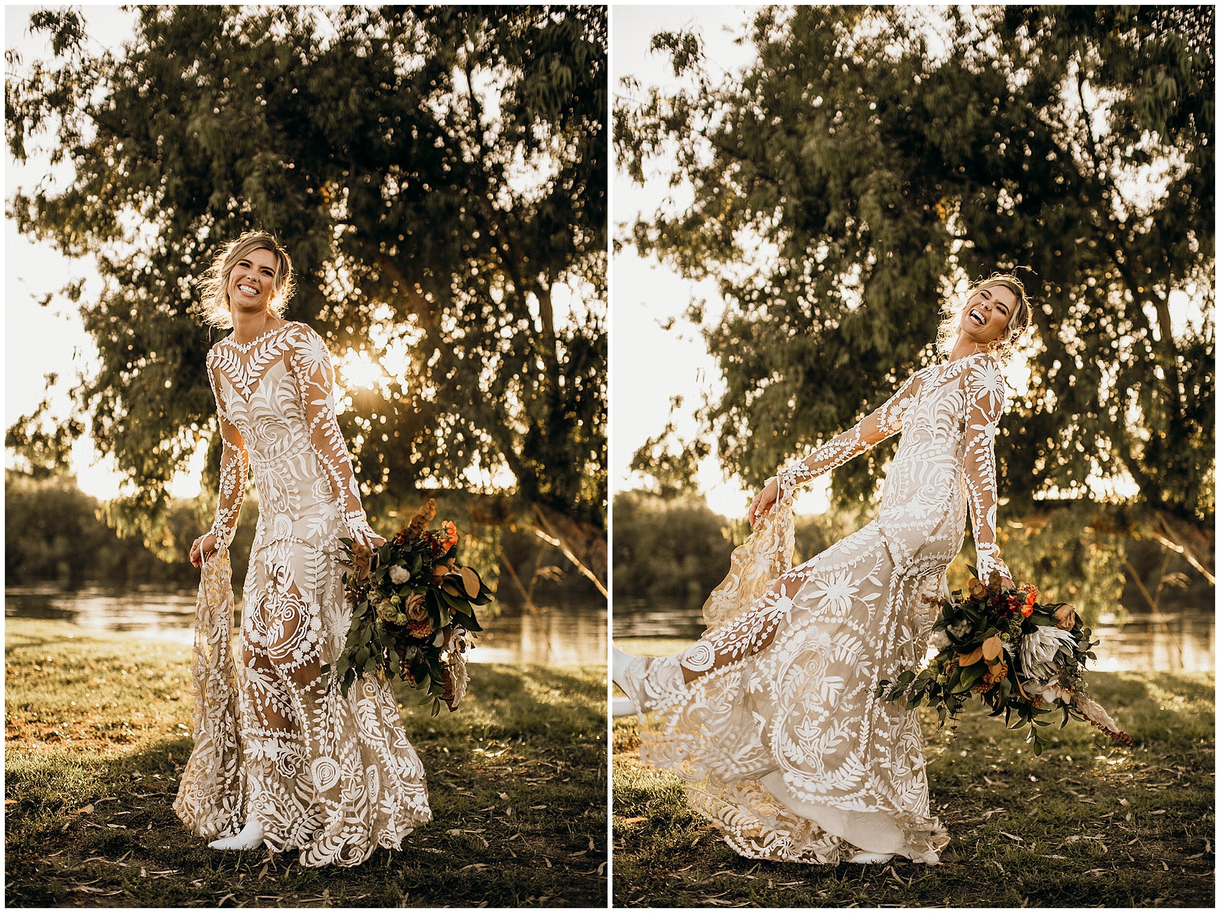 bride laughing and twirling in wedding dress