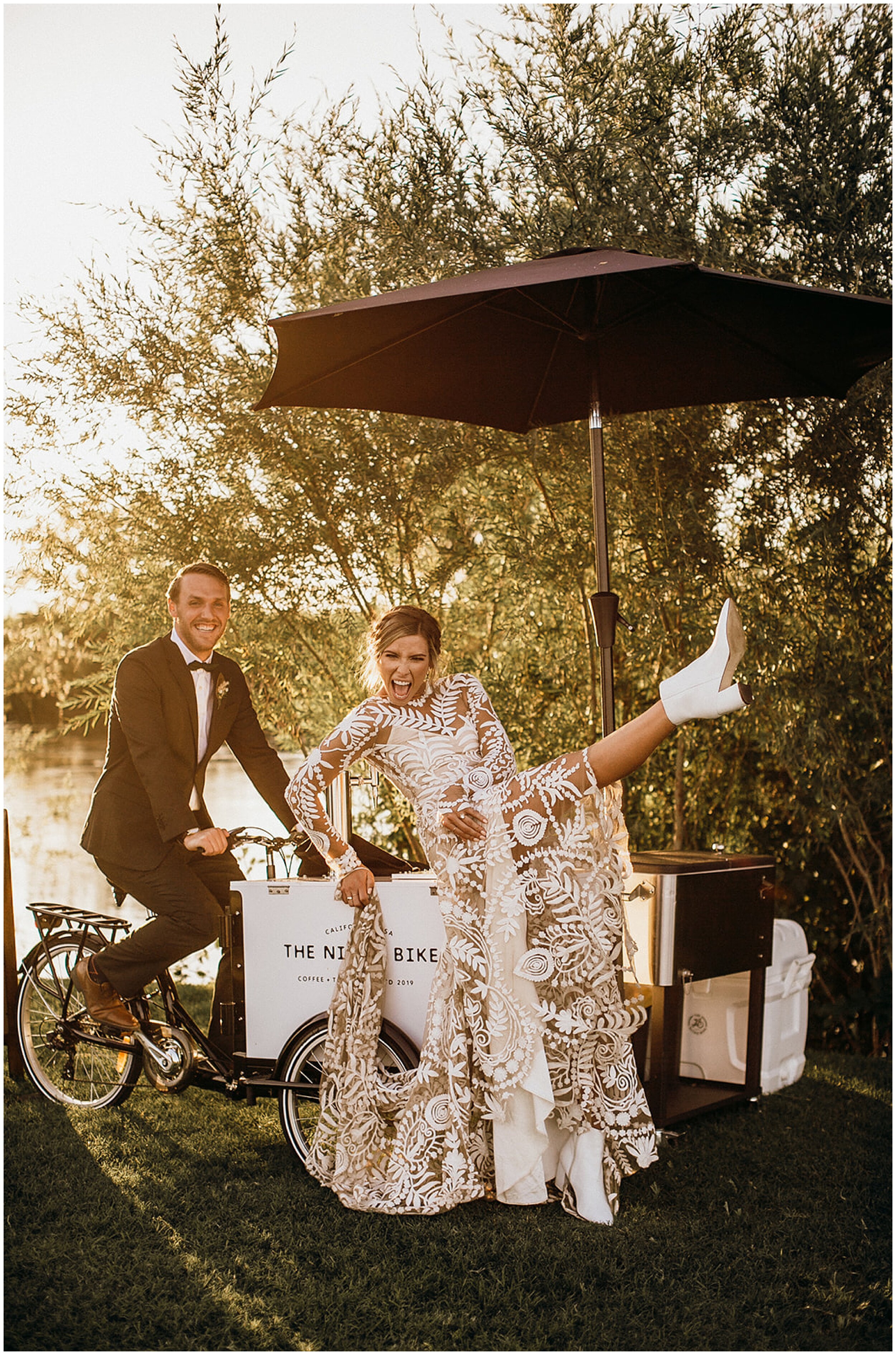 bride and groom laughing