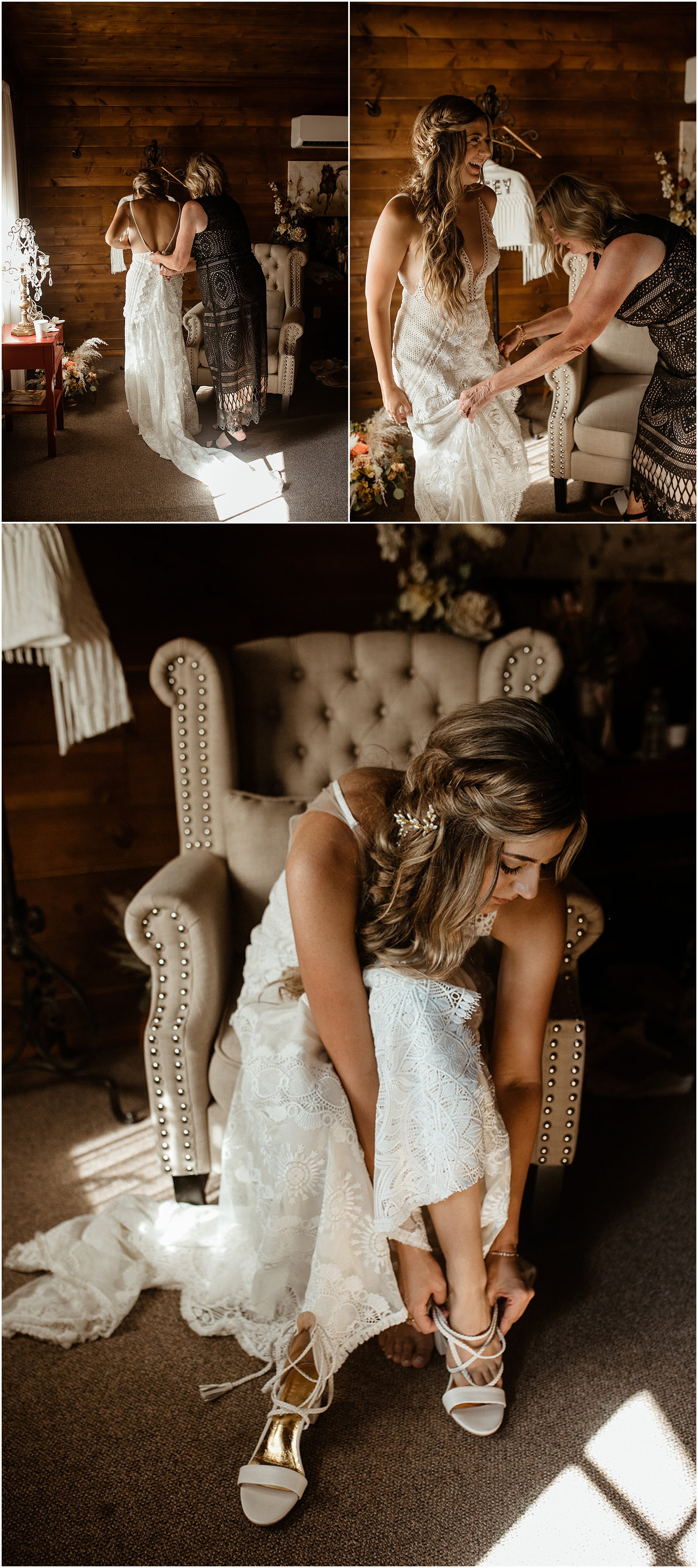bride putting on dress and shoes