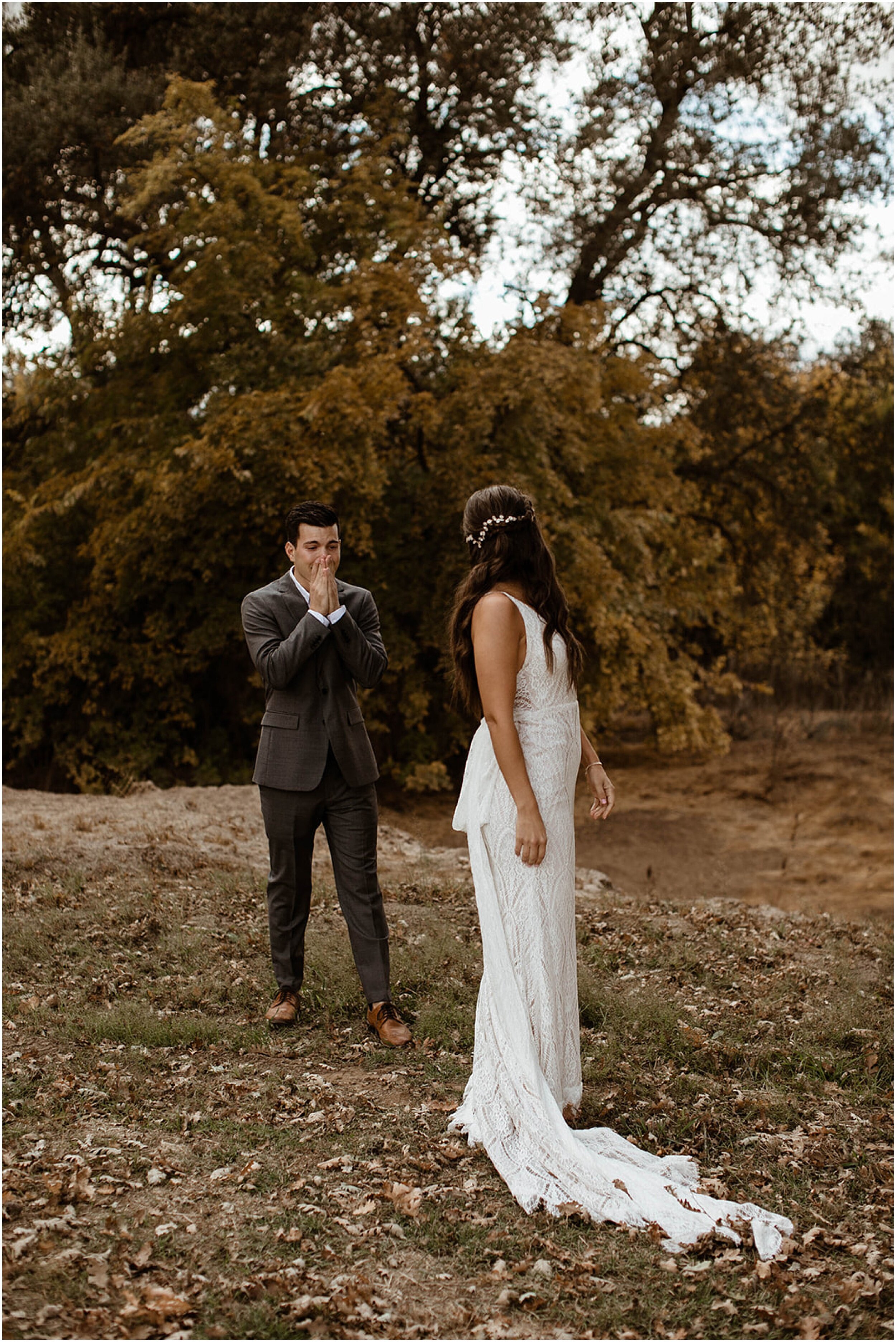 groom seeing bride in wedding dress