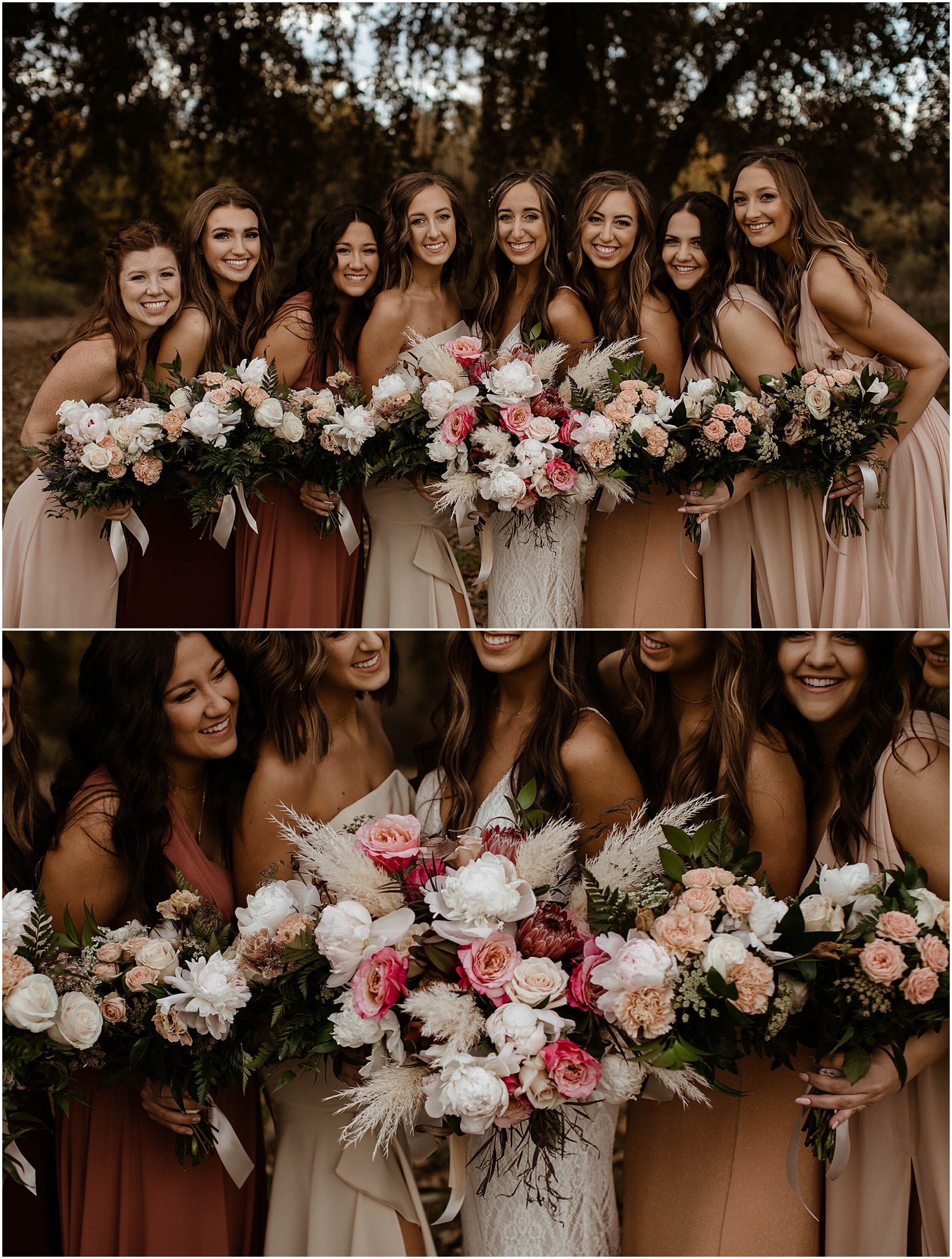 bridal party holding bouquets and laughing