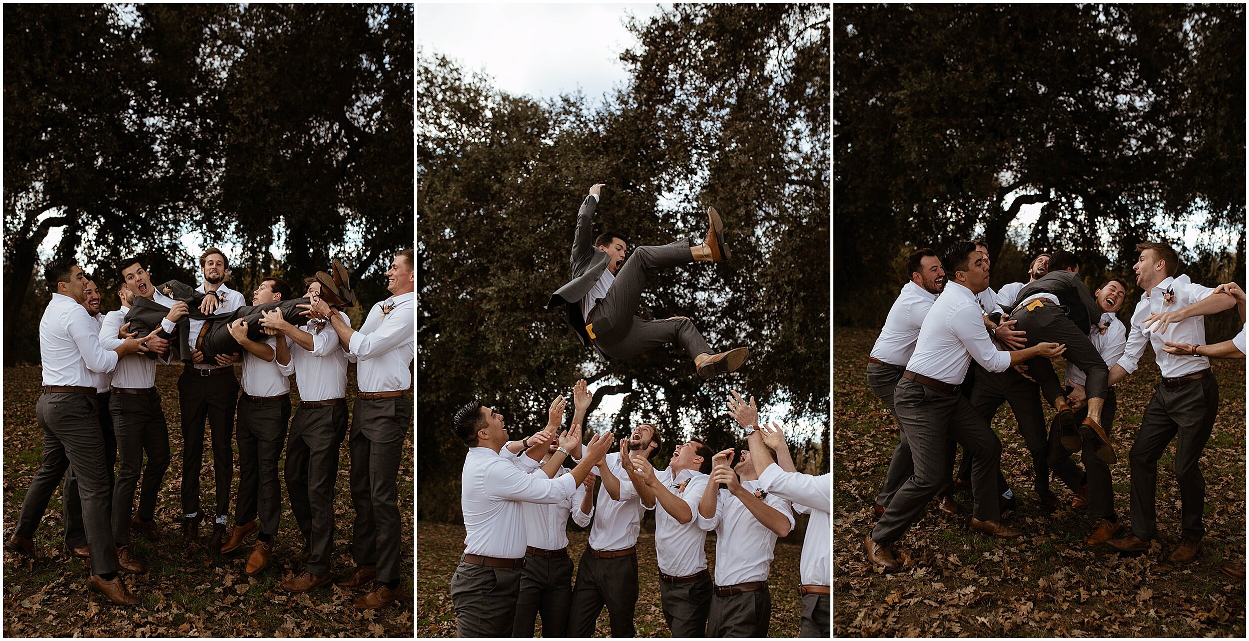 groomsmen throwing groom into the air