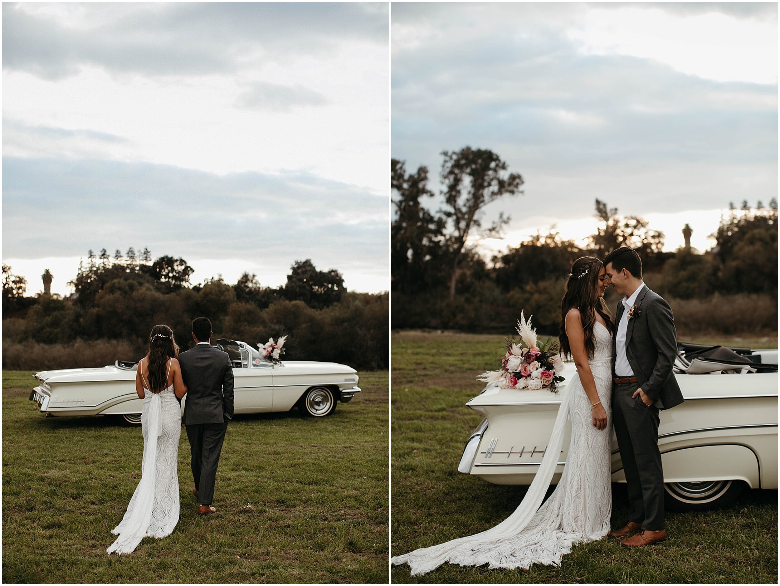 bride and groom standing in front of car