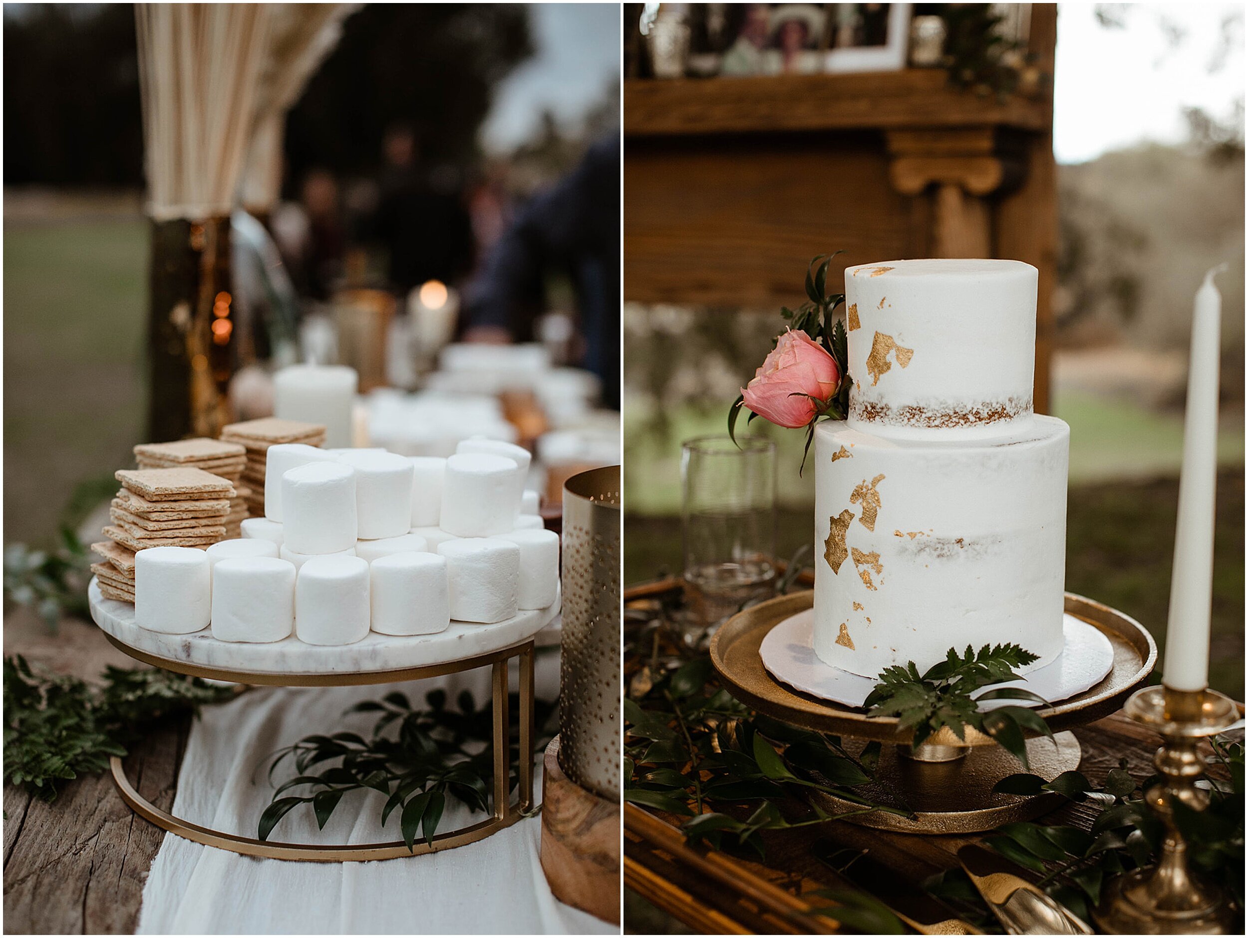 wedding cake and s'mores bar