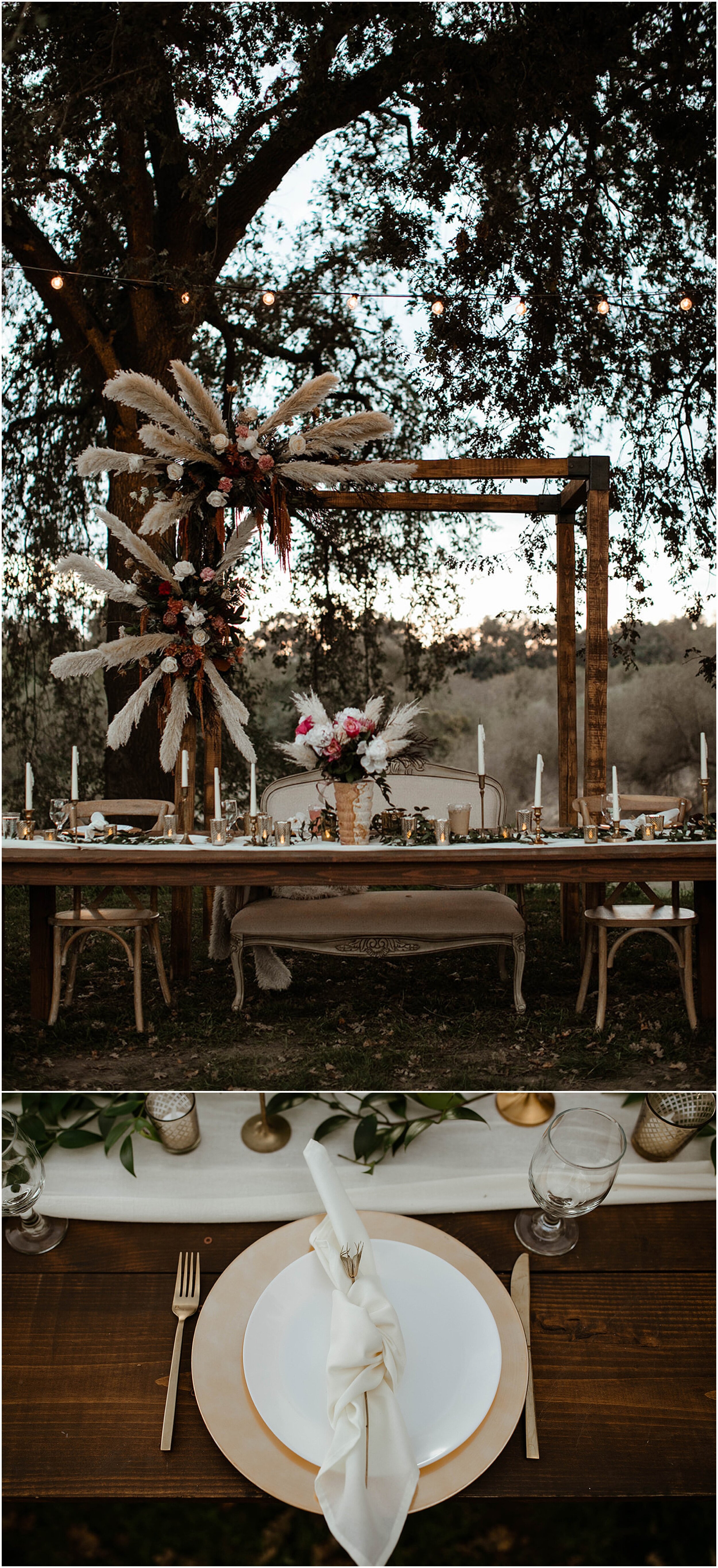 boho sweetheart table at wedding reception