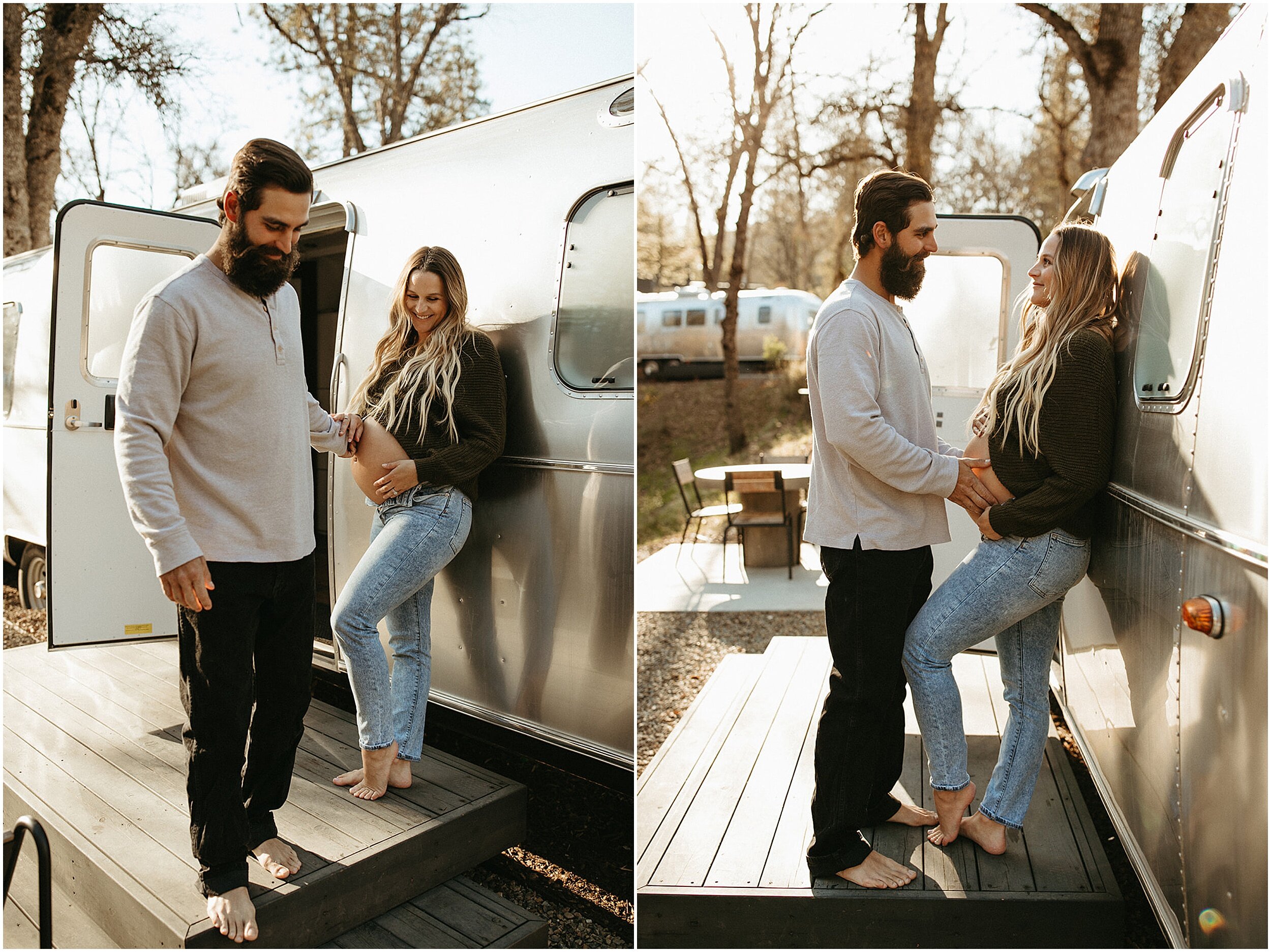 couple leaning against airstream