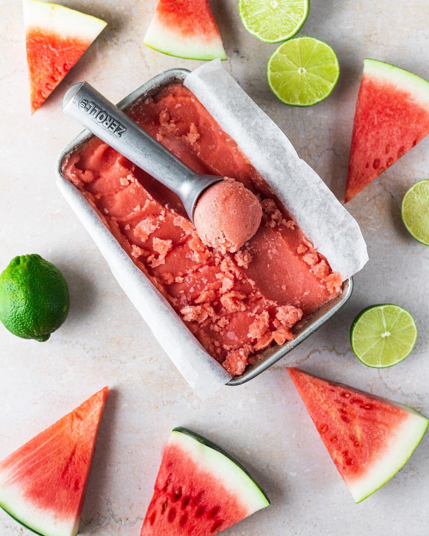 🍉 Watermelon Lime Sorbet Recipe, now available on the Bread &amp; Basil blog! 🍉
⠀⠀⠀⠀⠀⠀⠀⠀⠀
It's been a MINUTE since I put a new recipe up on the blog but I am so happy to be back with this bright, delicious sorbet recipe. If you've been following fo