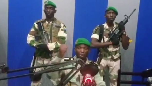 Gabon soldiers took over state media headquarters this weekend to declare a coup. The government says that the situation is now under control. Screenshot from Gabon Television.