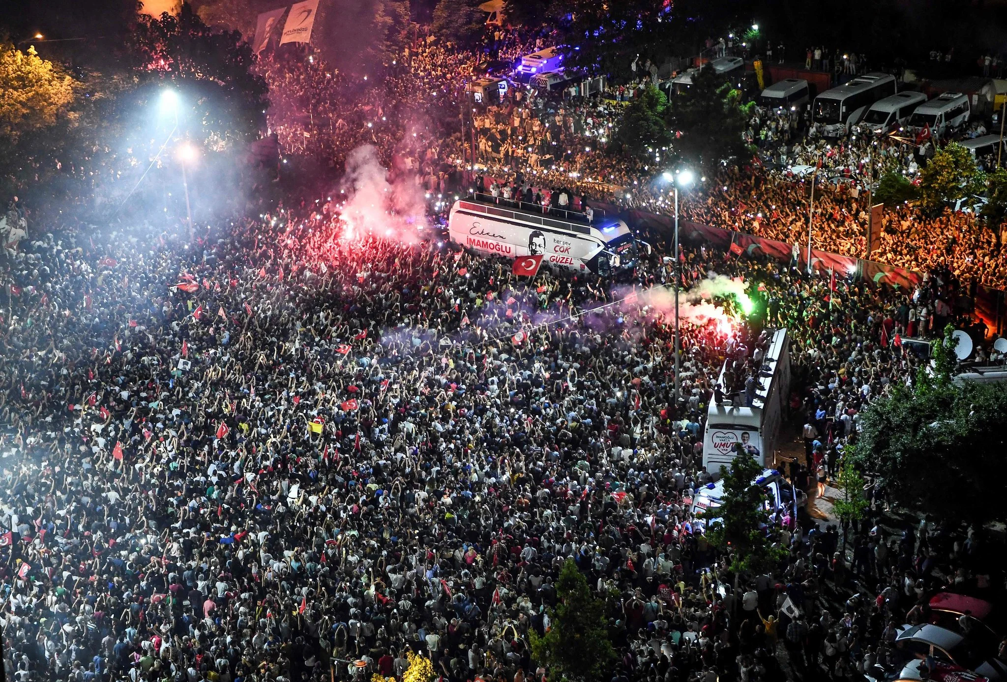Thousands gathered to celebrate after the opposition candidate, Ekrem Imamoglu, emerged as winner of the repeat mayoral election in Istanbul on Sunday. Credit Agence France-Presse — Getty Images