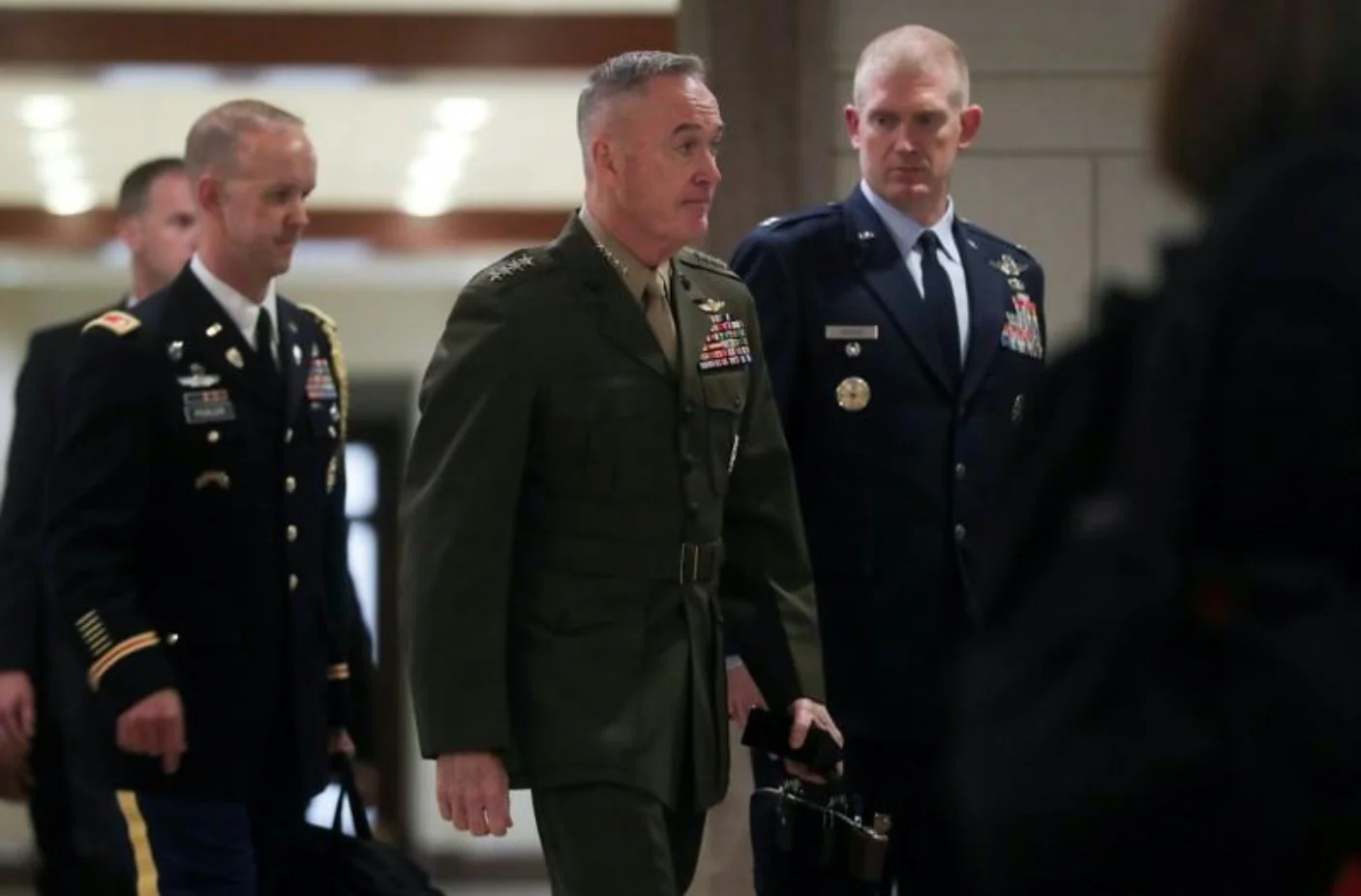 U.S. Chairman of the Joint Chiefs Marine Corps General Joseph Dunford arrives to hold a classified briefing on Iran, with Secretary of State Mike Pompeo and acting Defense Secretary Patrick Shanahan, for members of the House of Representatives on Capitol Hill in Washington, U.S. May 21, 2019. REUTERS/Jonathan Ernst/File Photo