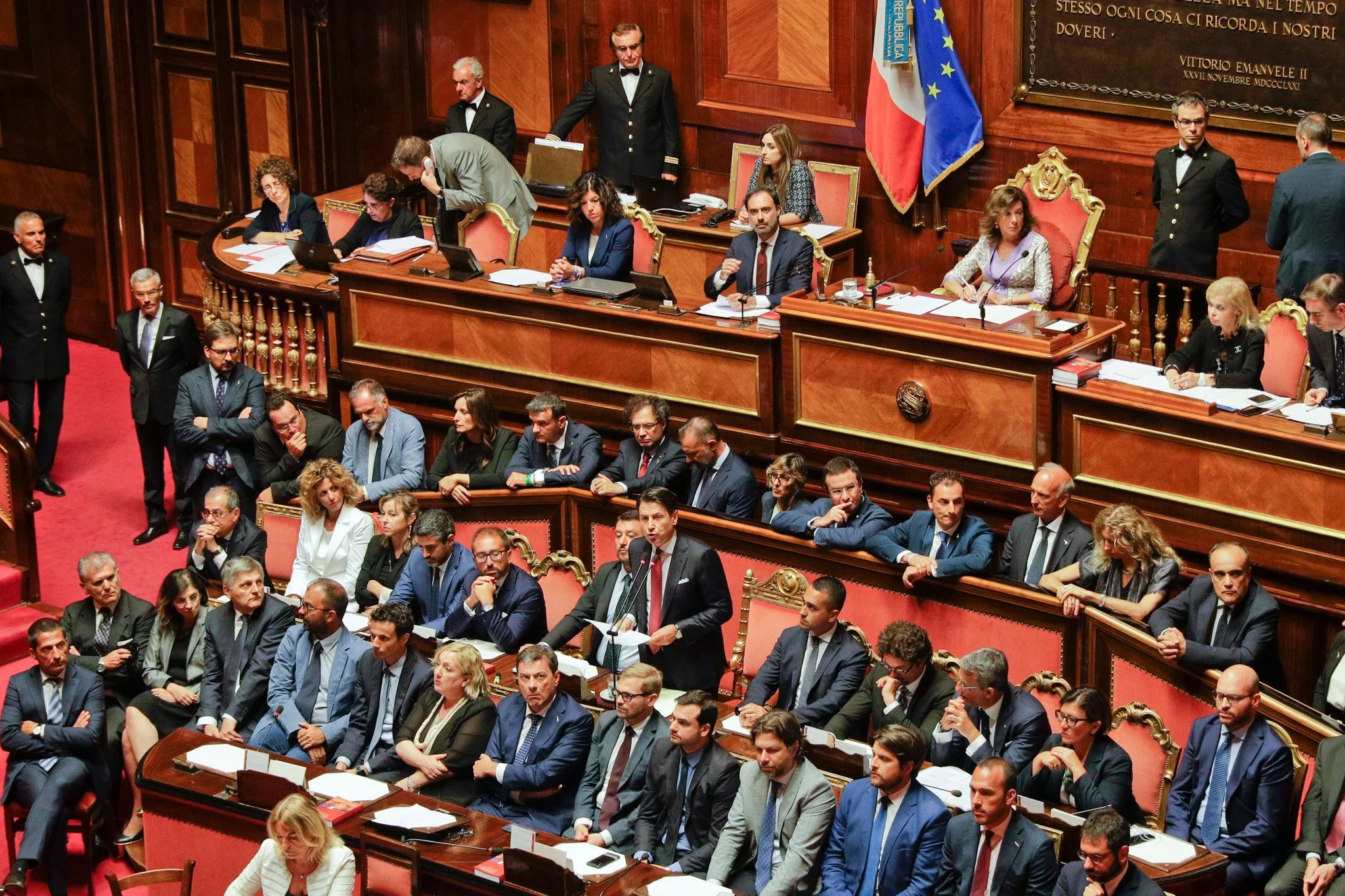 Prime Minister Giuseppe Conte of Italy addressing the Senate in Rome on Tuesday. He delivered a fierce attack on the far-right interior minister, Matteo Salvini. Credit Gregorio Borgia/Associated Press