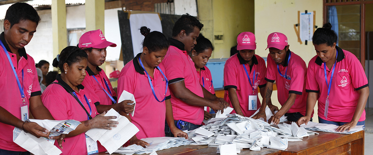 Polling officers tally votes after ballots were cast in Timor-Leste's parliamentary elections (2012). UN Photo/Martine Perret